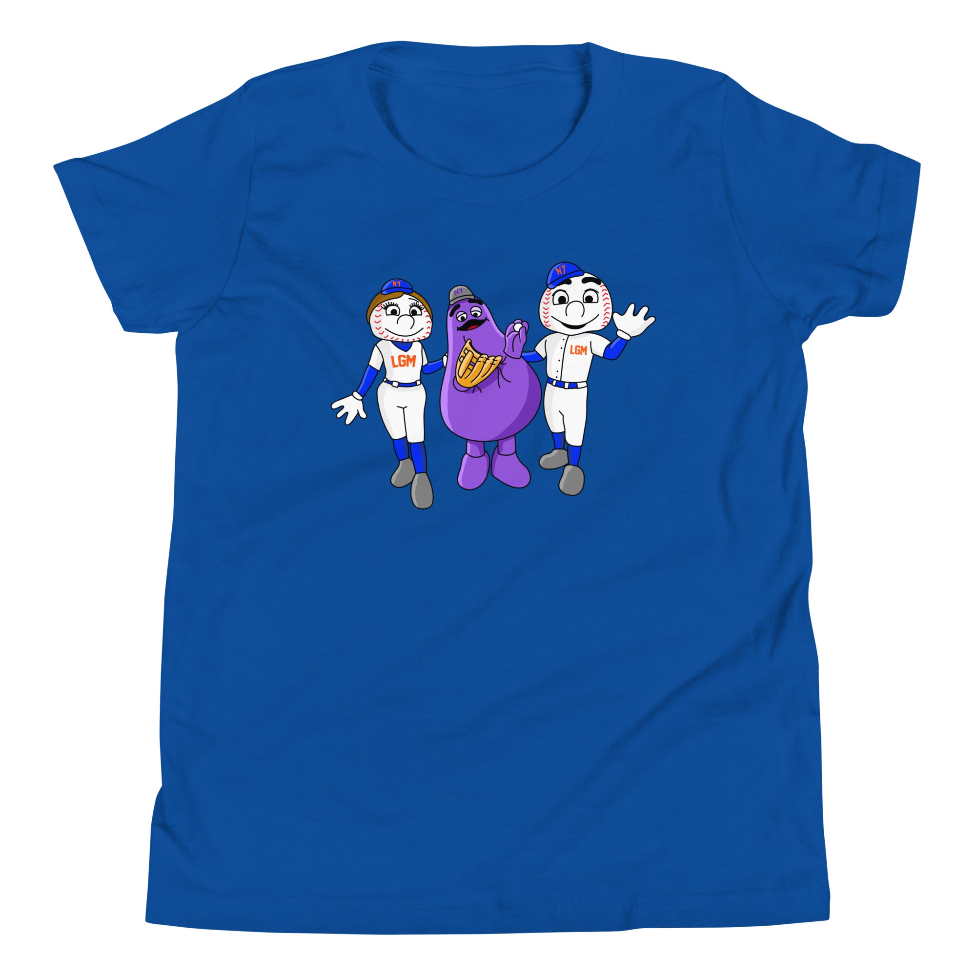 Blue youth T-shirt featuring cartoon characters of two kids in baseball uniforms and a purple mascot with a baseball glove.