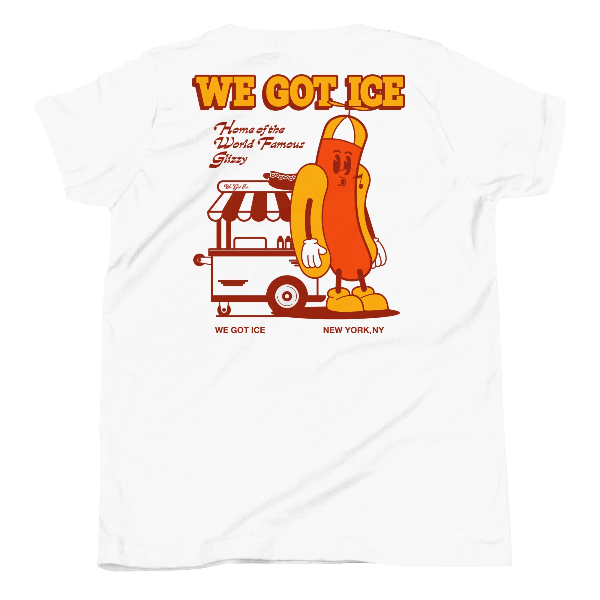 White youth t-shirt featuring a cartoon hot dog character with gloves and boots, standing next to a hot dog stand, with bold "We Got Ice" text.