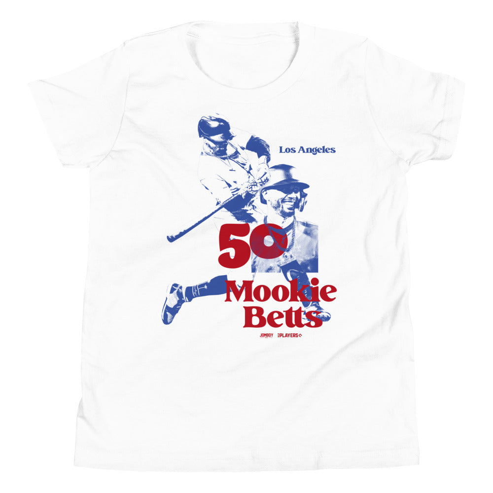 Youth white T-shirt featuring a blue and red retro Los Angeles print of Mookie Betts, celebrating 50 years with vintage-style graphics.