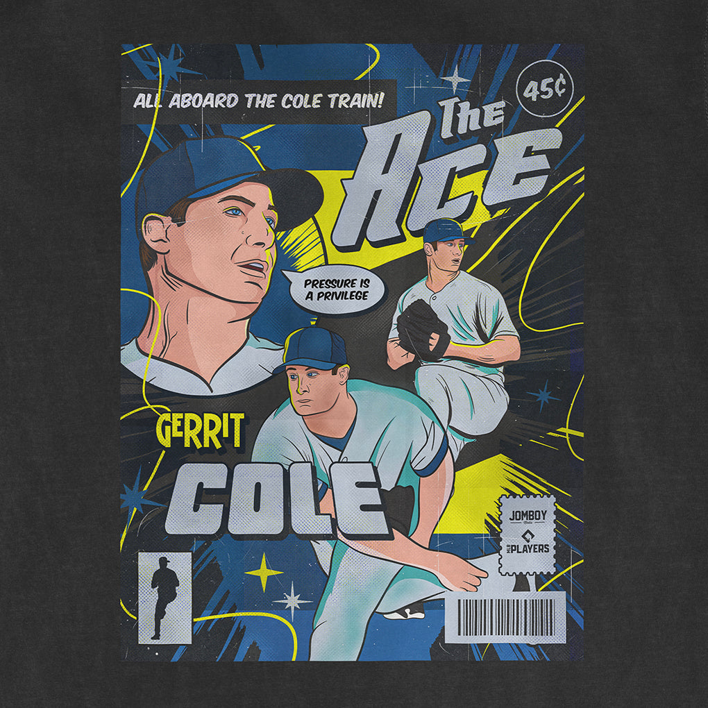 Comic-style Gerrit Cole "The Ace" design on Comfort Colors T-shirt featuring illustrations of Gerrit Cole, baseball elements, and bold text.