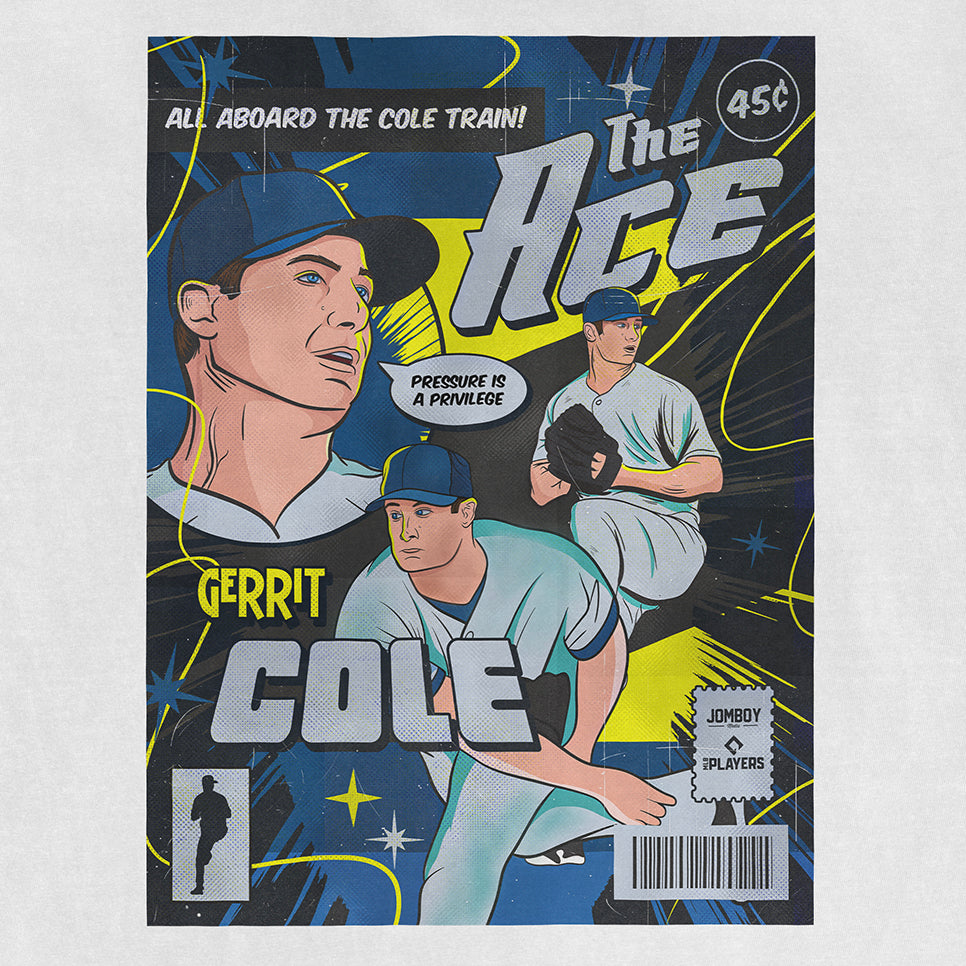 Comic-style illustration of Gerrit Cole in baseball uniform, with bold text, speech bubble, and vibrant background design.
