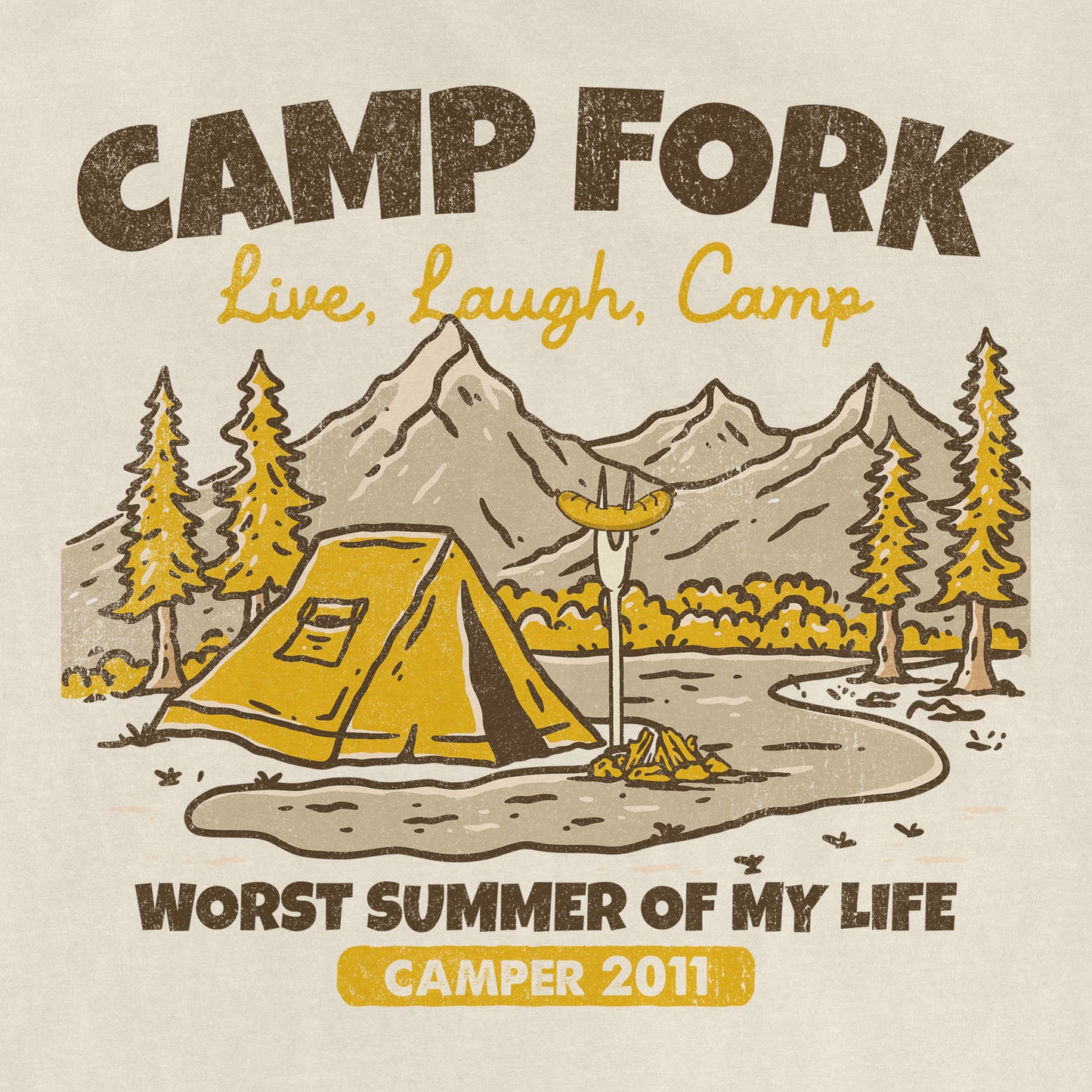 Vintage camp tee featuring mountains, trees, a tent, and a campfire with the text "Camp Fork," "Live, Laugh, Camp," and "Worst Summer of My Life.