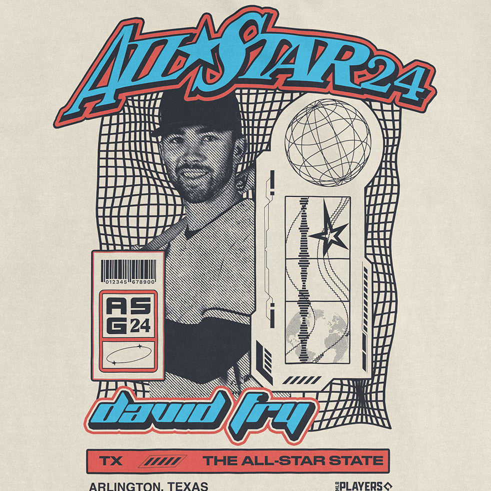 Vintage-style graphic T-shirt featuring David Fry's All-Star Game design with bold text, a portrait, and sports-themed illustrations.
