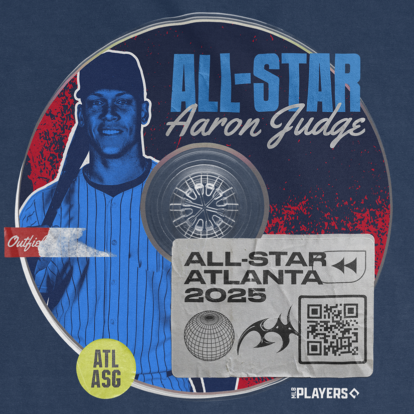 Aaron Judge All-Star 2025 graphic featuring a baseball design and event details for the Atlanta All-Star Game.