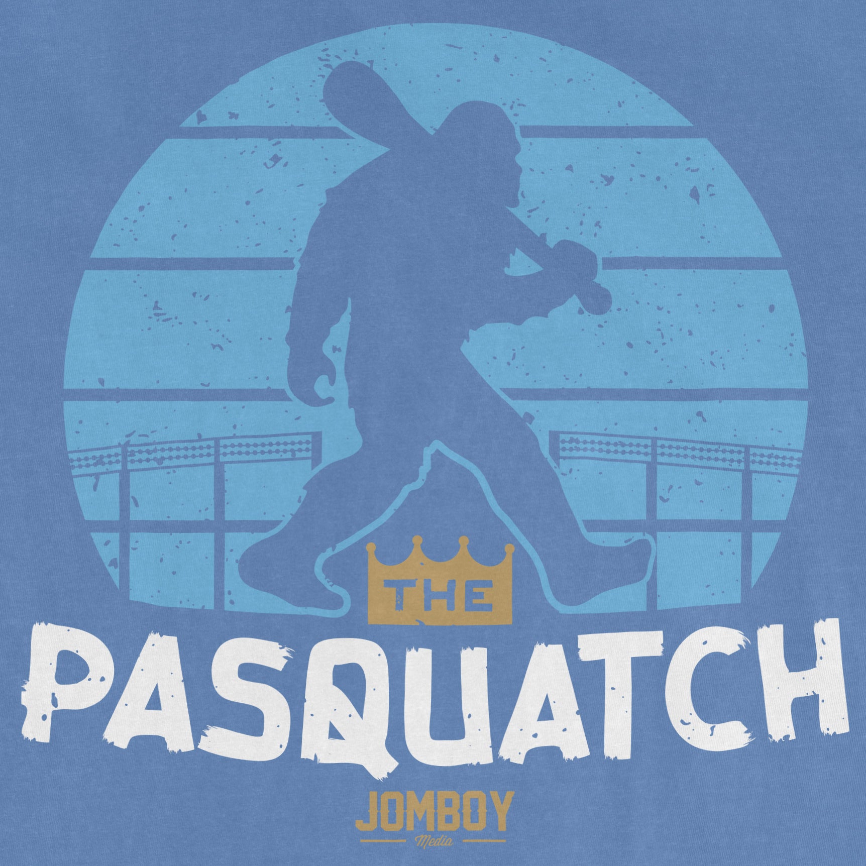 Silhouette of a baseball player holding a bat, with "The Pasquatch" and "JomboY Media" text on a blue background.