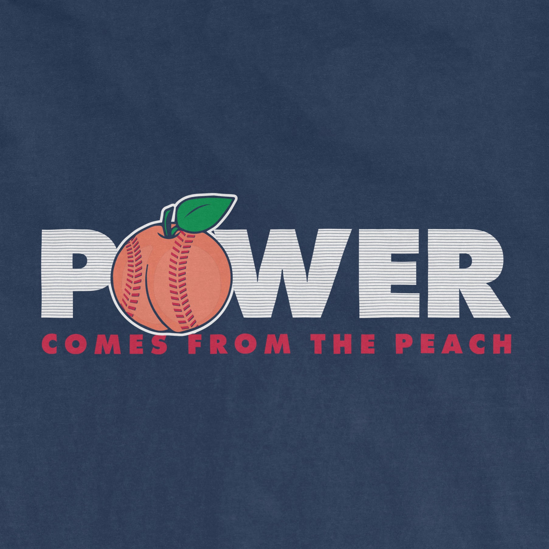 Graphic design featuring the phrase "Power Comes from the Peach" with a peach illustration integrated into the text on a navy background.