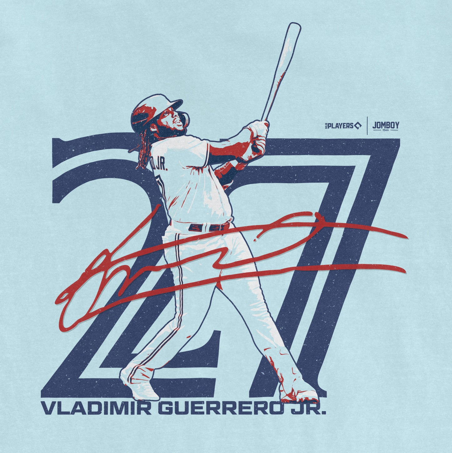 Illustration of Vlad Guerrero Jr. swinging a baseball bat, with his signature and "Vlad Guerrero Jr. Signature Series" text.
