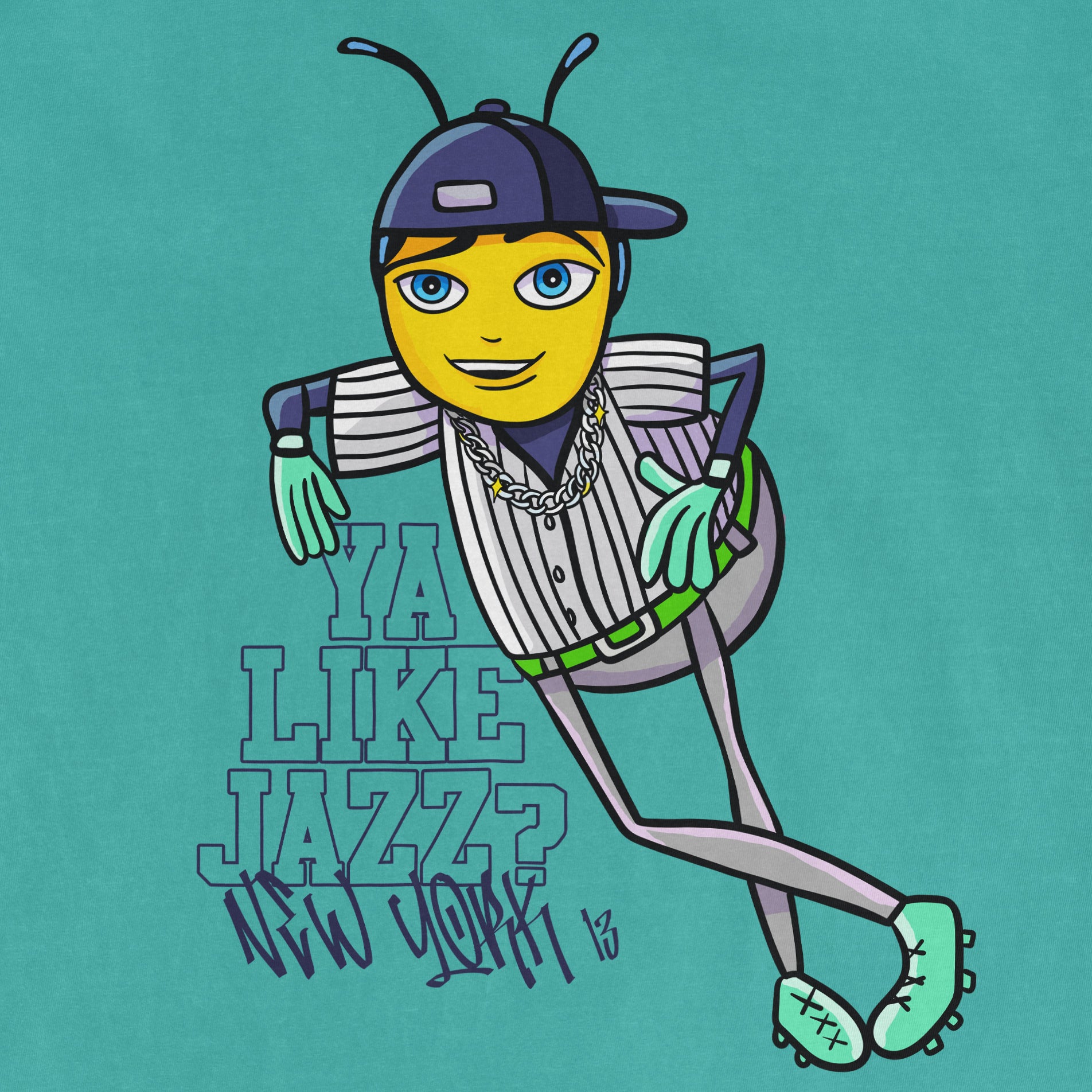 Cartoon character with a yellow face, blue eyes, wearing a striped shirt, cap, chains, and sneakers, leaning with one arm on "YA LIKE JAZZ?" text.