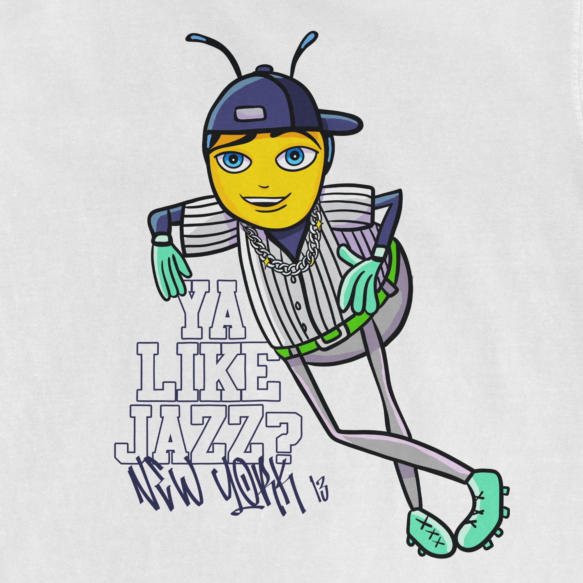 A cartoon character with a yellow face, blue eyes, wearing a striped shirt, green gloves, a cap, and sneakers, leaning casually.