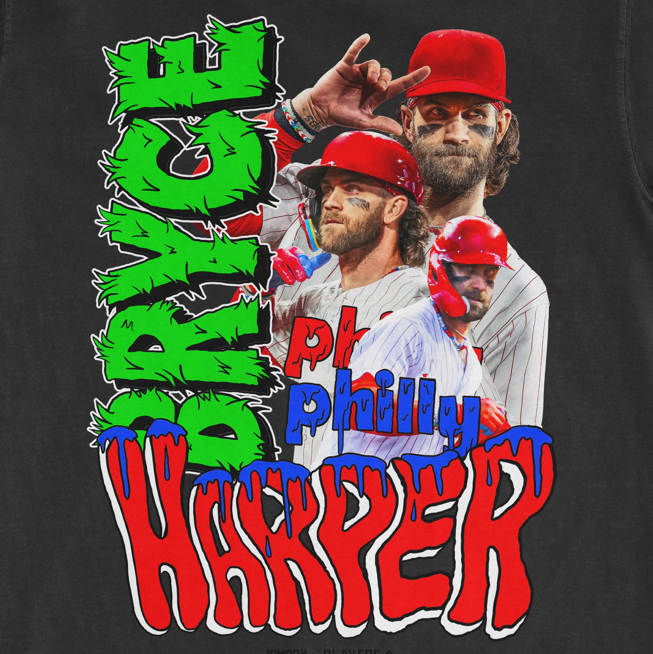 Comfort Colors tee featuring Bryce Harper in baseball uniform with colorful, bold text reading "philly's chosen one" and multiple images of Harper.