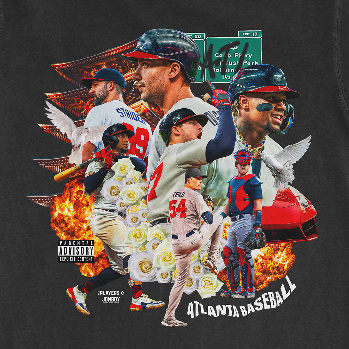 Collage of Atlanta baseball players, a red sports car, white roses, doves, and flames with city signs, celebrating Atlanta culture.