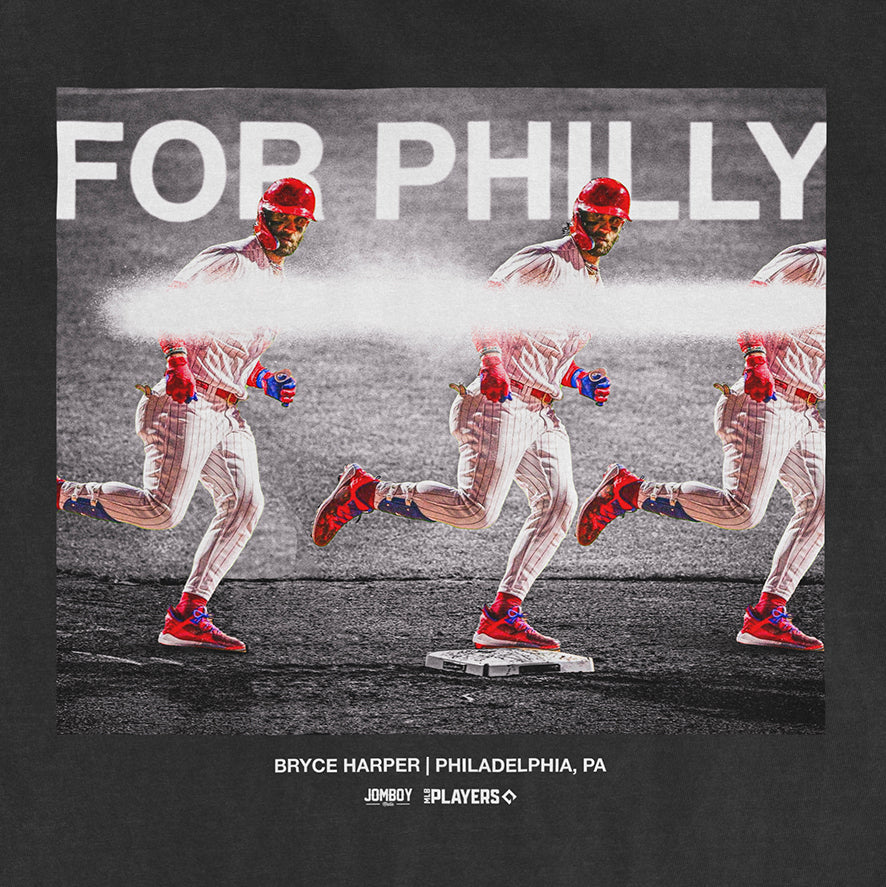 Comfort Colors tee featuring Bryce Harper running with a baseball bat, "For Philly" text, and team details on black background.
