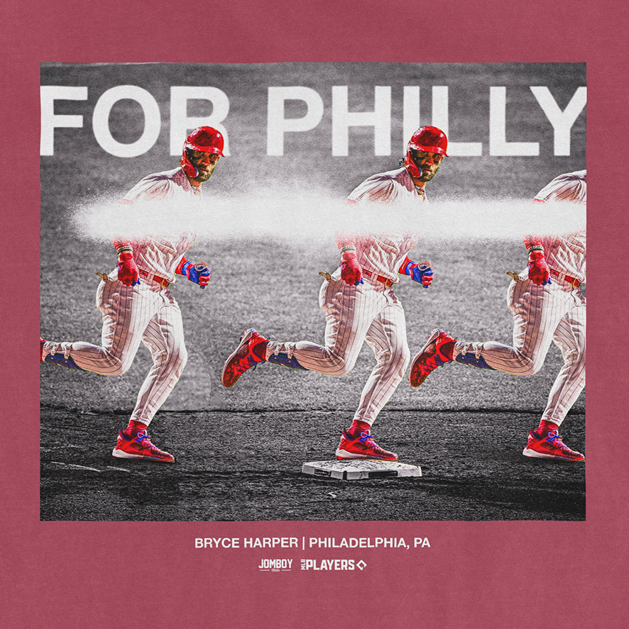 Comfort Colors tee featuring Bryce Harper "For Philly" design with multiple images of Bryce Harper running in a baseball uniform on a pink background.