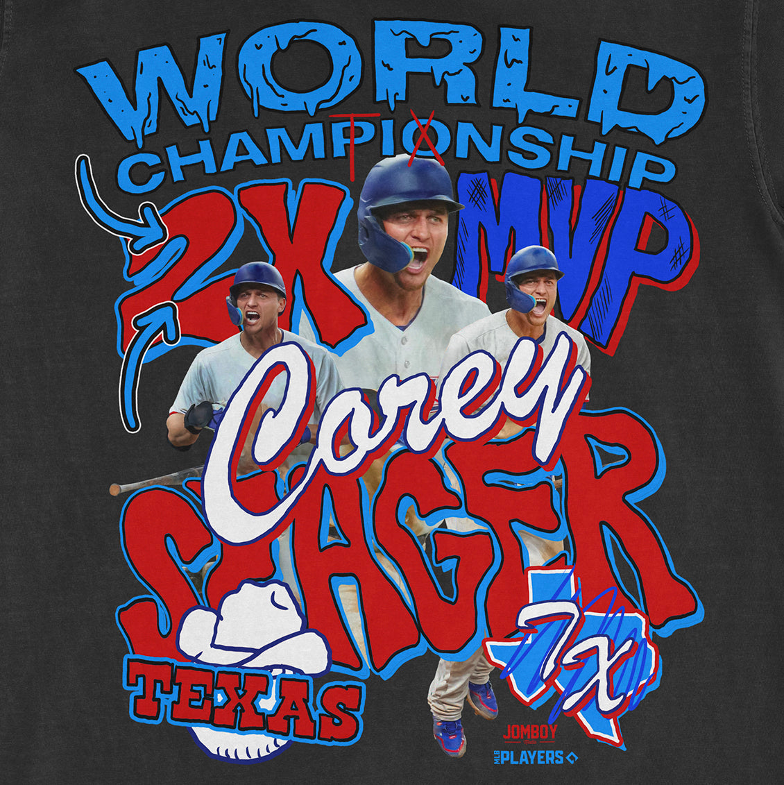 Graphic T-shirt featuring Corey Seager, 2x World Series MVP, with colorful text and images celebrating his baseball achievements.