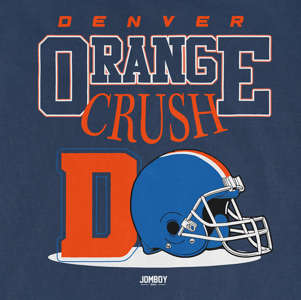 Denver Orange Crush Comfort Colors tee featuring a large orange "D" and a blue football helmet on a navy background.