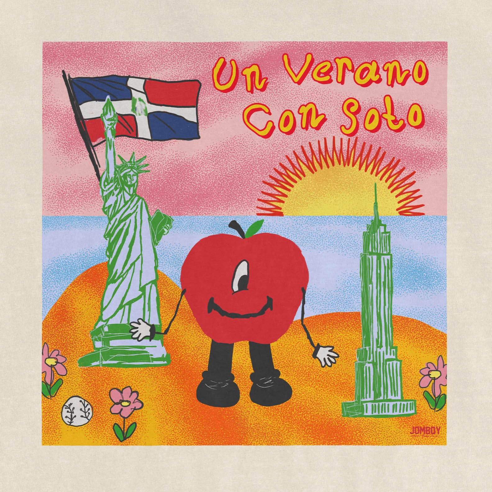 Colorful illustration of a cheerful apple character with arms and legs, standing between the Statue of Liberty and a skyscraper, with a sunset in the background and the text "Un Verano Con Soto" at the top.