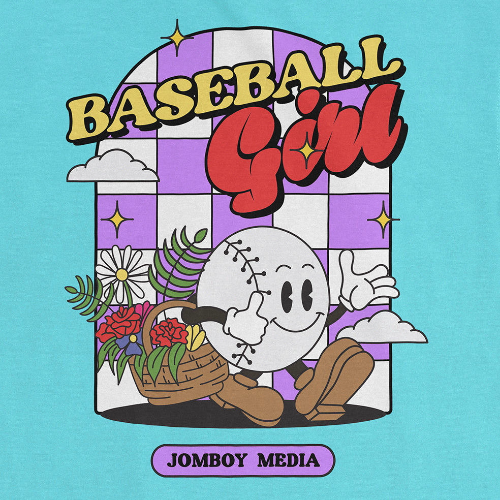 Colorful Comfort Colors tee featuring a cartoon baseball character with flowers, clouds, and "Baseball Girl" text design.