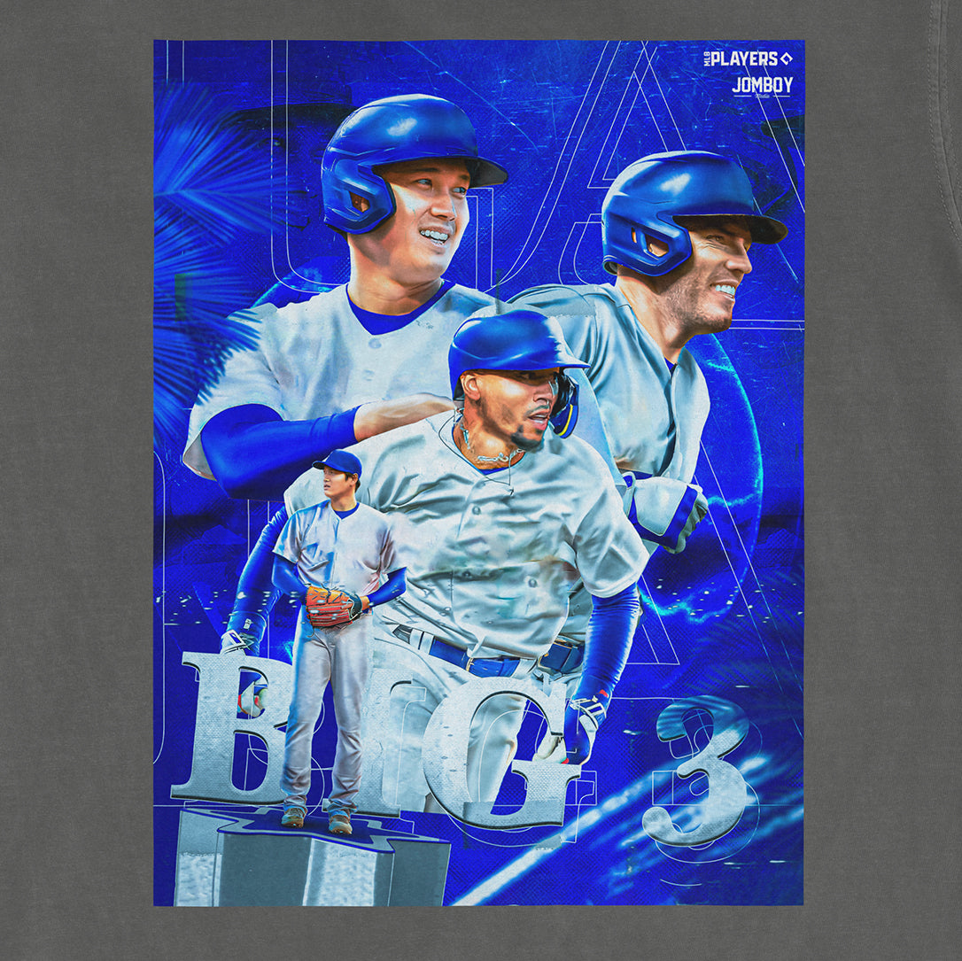 Digital poster featuring three baseball players in blue helmets and uniforms, with "Big 3" text and LA-themed graphics.