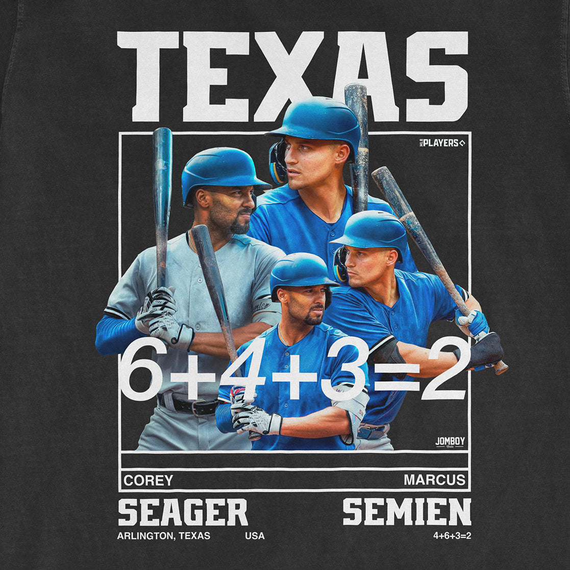 four baseball players in blue uniforms and helmets, with "Seager" and "Semien" names at the bottom, celebrating together.