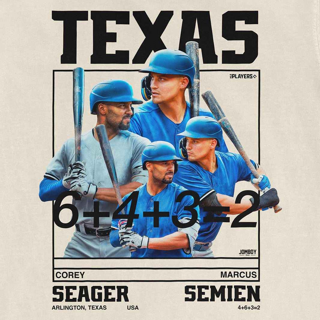 Group of baseball players in blue uniforms, with "Seager" and "Semien" names, celebrating on the field in Arlington, Texas.
