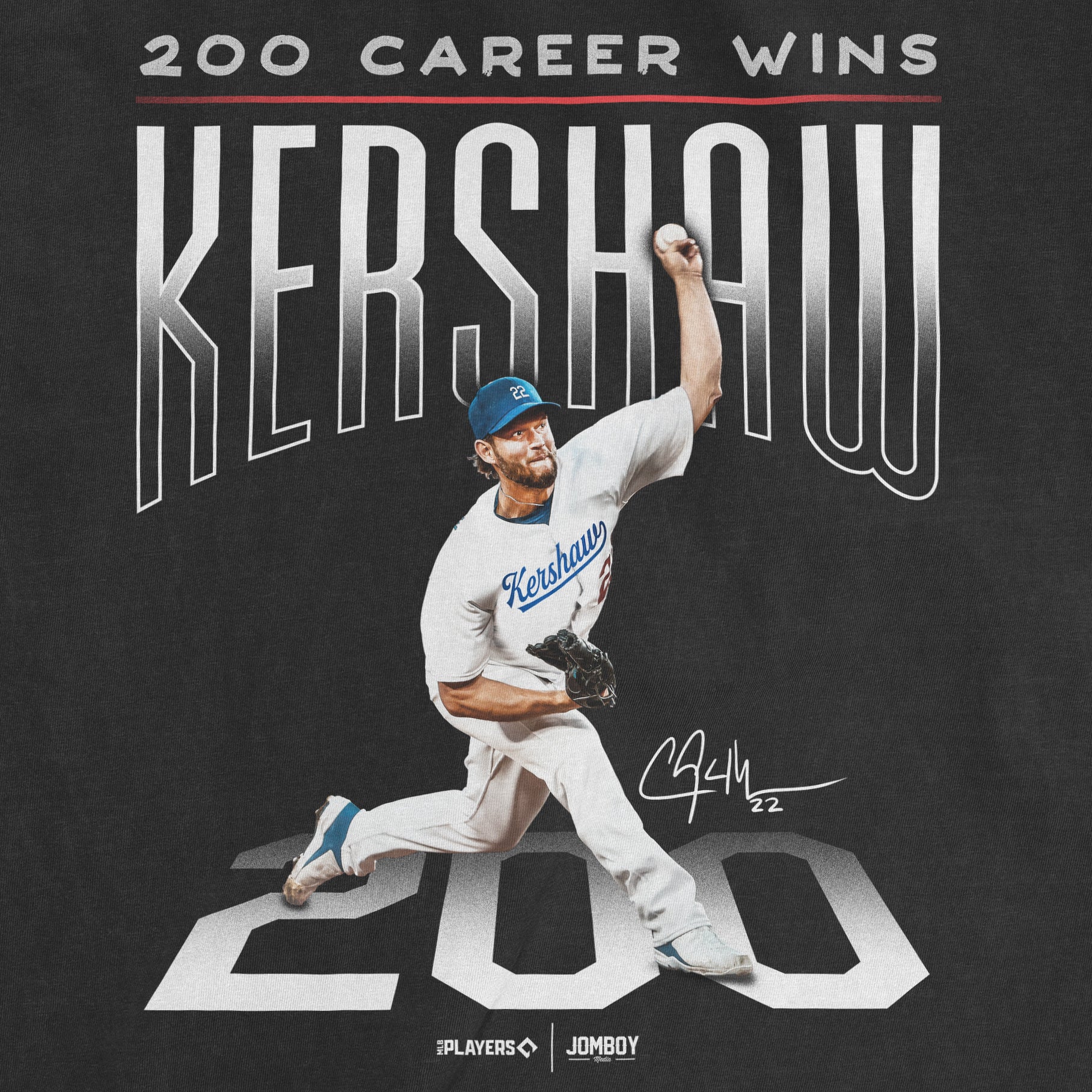 Close-up of a black Comfort Colors T-shirt featuring a graphic of a baseball player with "Kershaw" and "200 Career Wins" text.