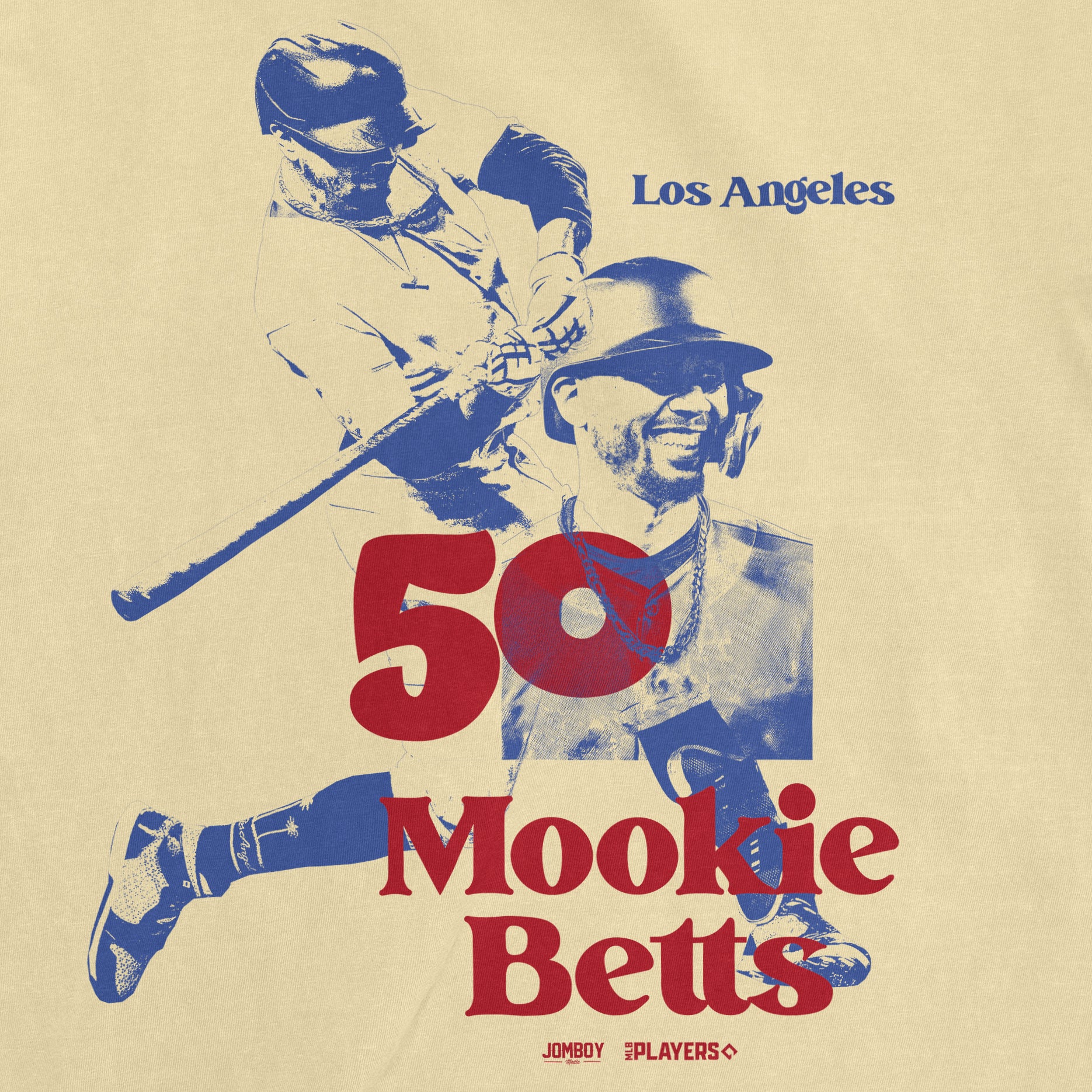 Retro-style LA print featuring Mookie Betts in blue and red, celebrating his 50th birthday with bold text and imagery.