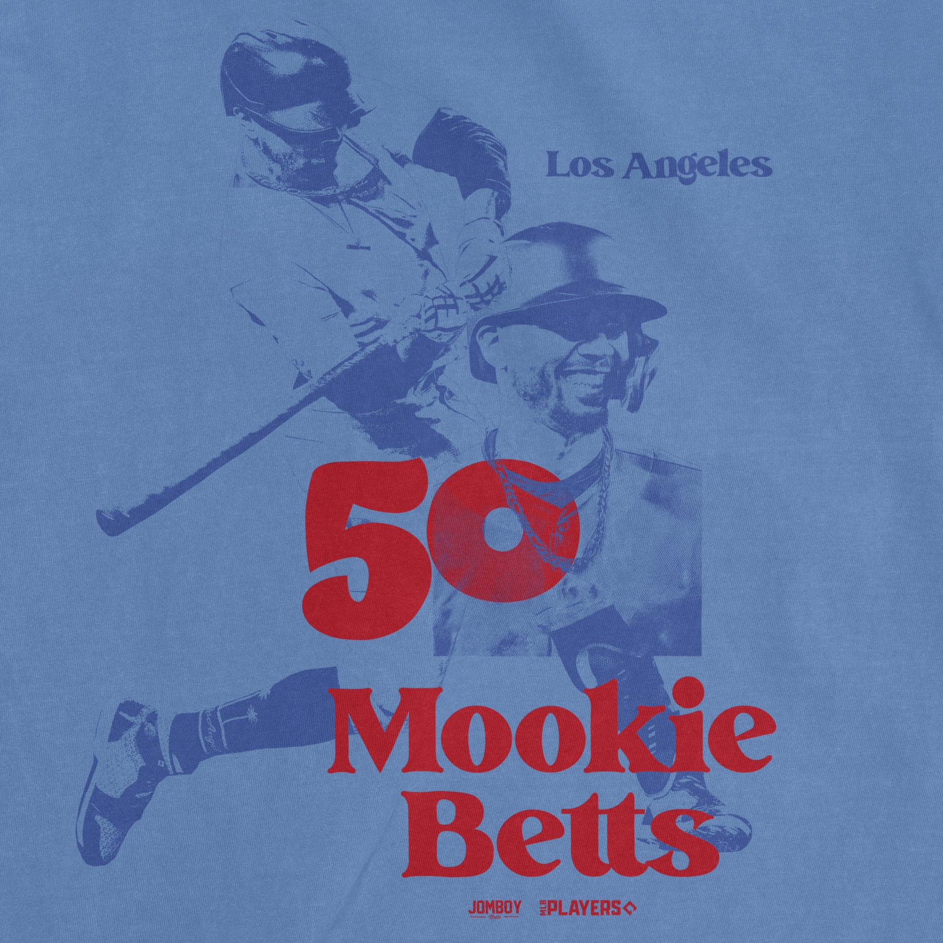 Blue T-shirt featuring a retro-style LA print with images of Mookie Betts, large red "50" and "Mookie Betts" text, celebrating his 50th.