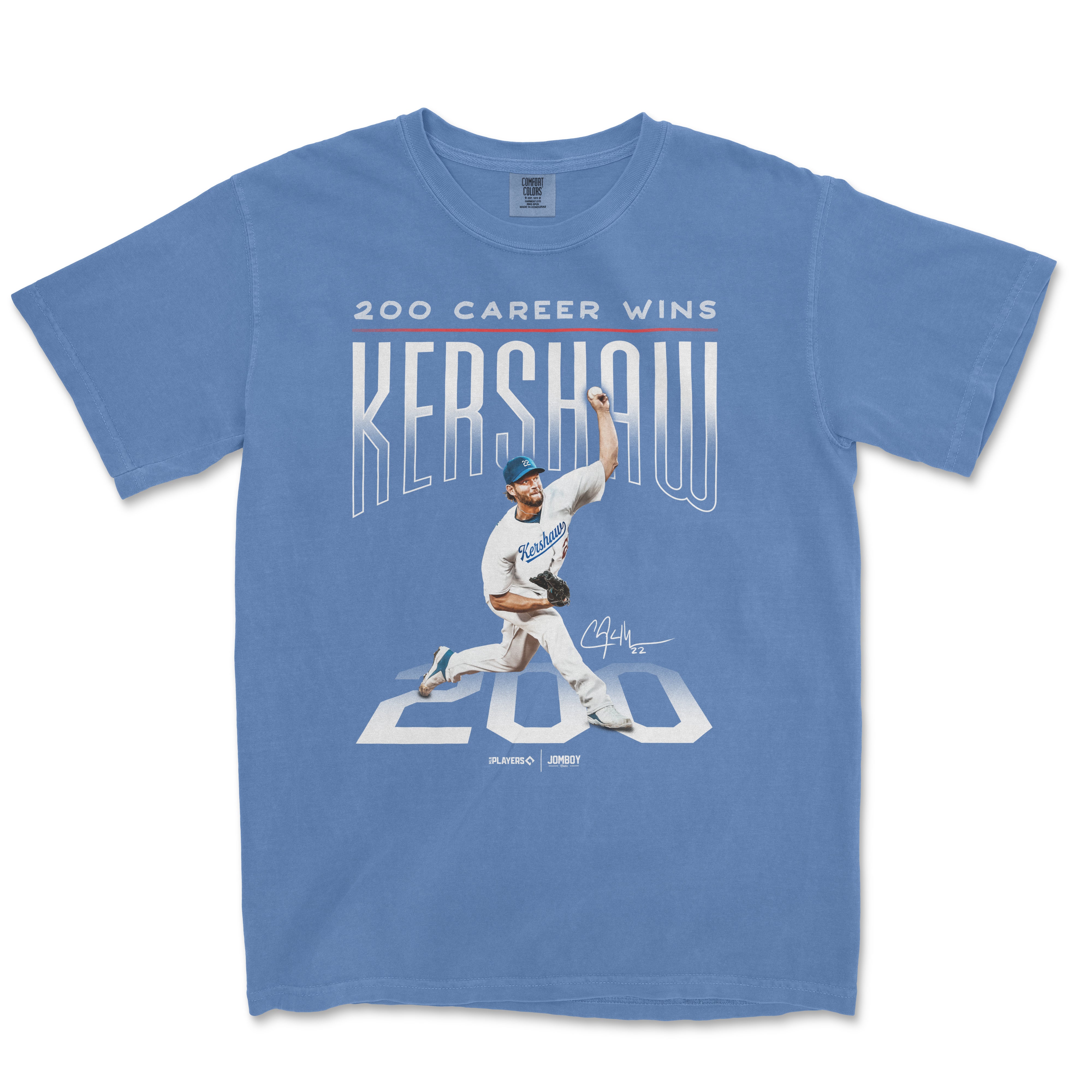Blue Comfort Colors T-shirt featuring a Kershaw 200 signature series baseball player graphic, autograph, and "200 Career Wins" text.