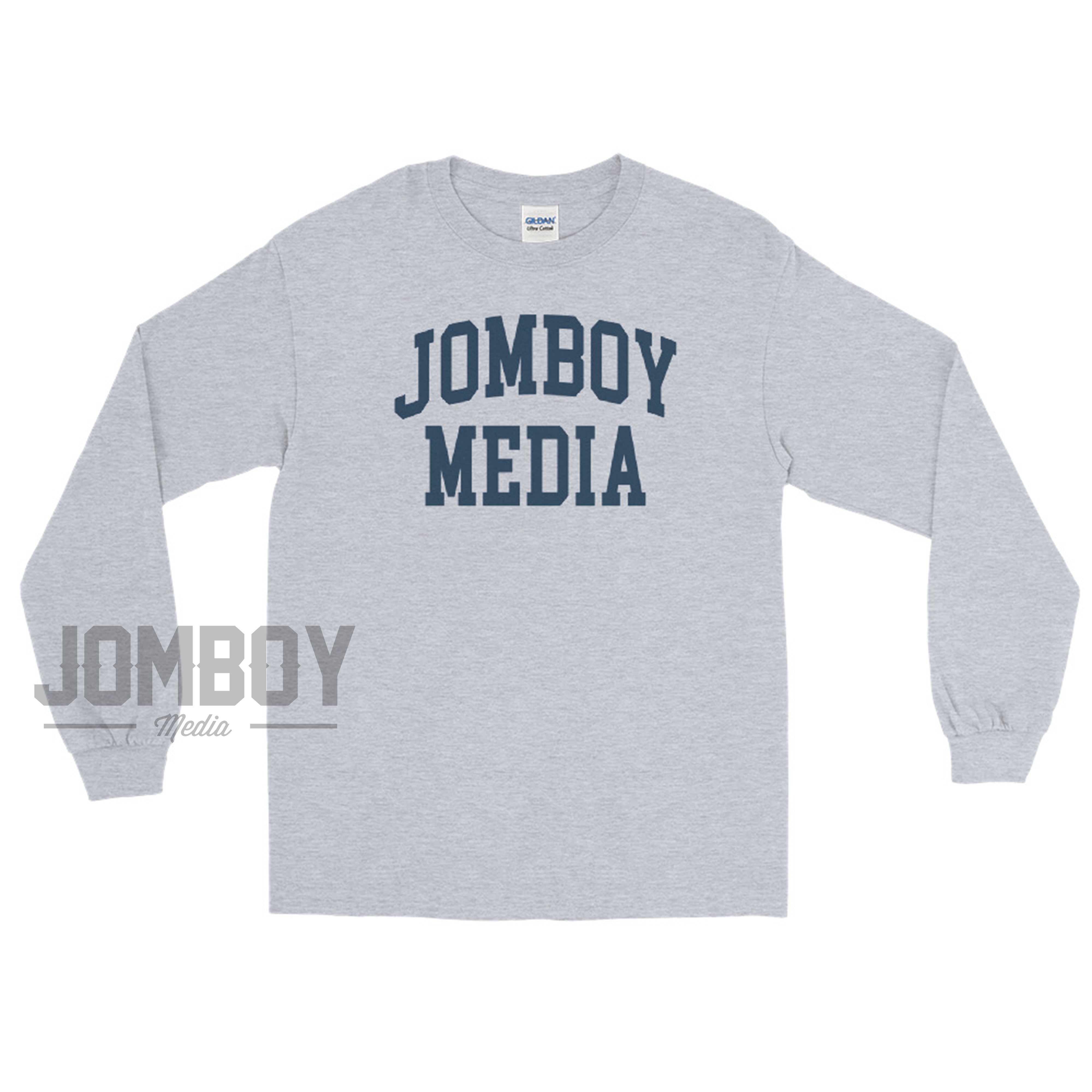 Gray long sleeve shirt with "JOMBOY MEDIA" printed in bold navy blue letters on the front.