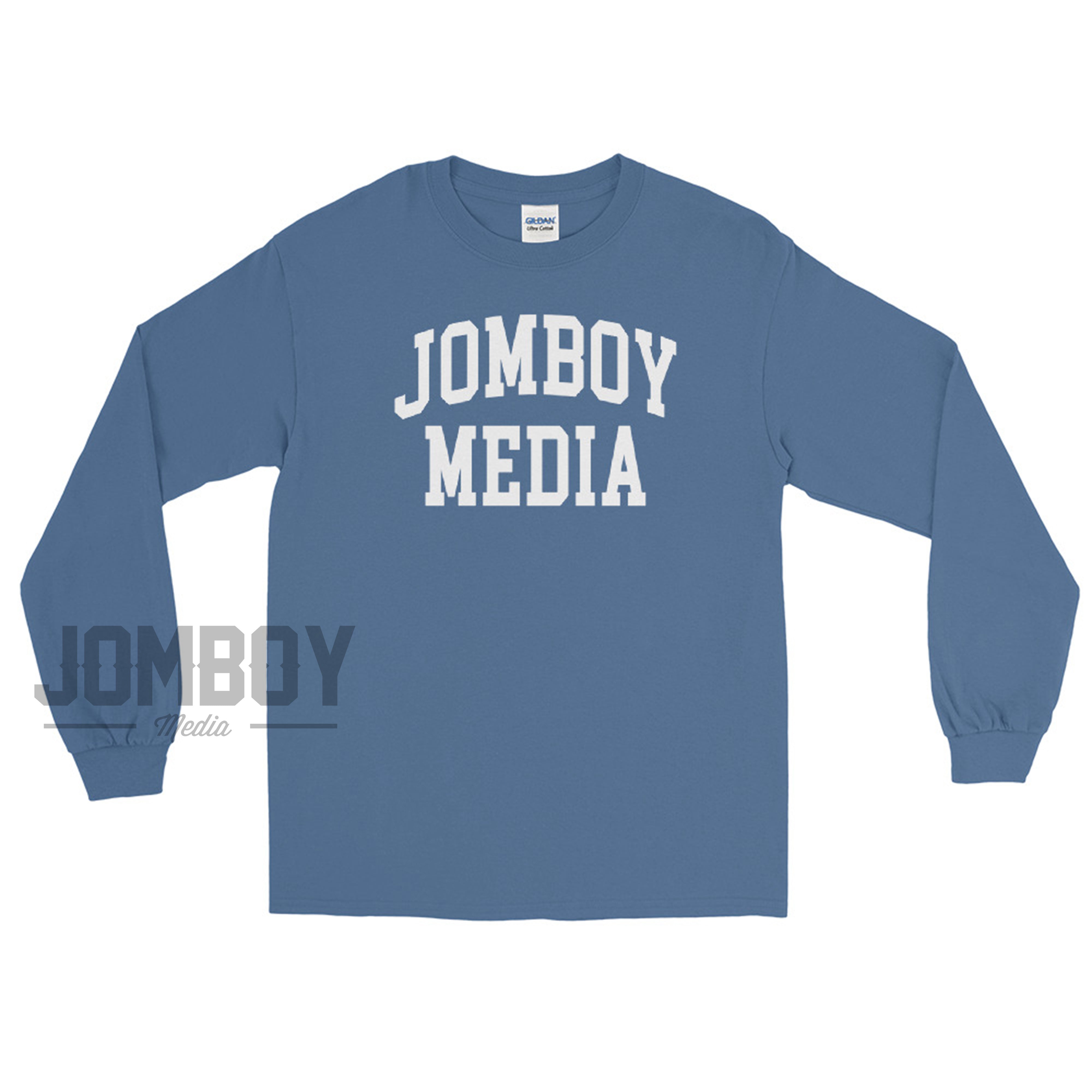 Blue long sleeve shirt with "JOMBOY MEDIA" printed in bold white letters on the front.