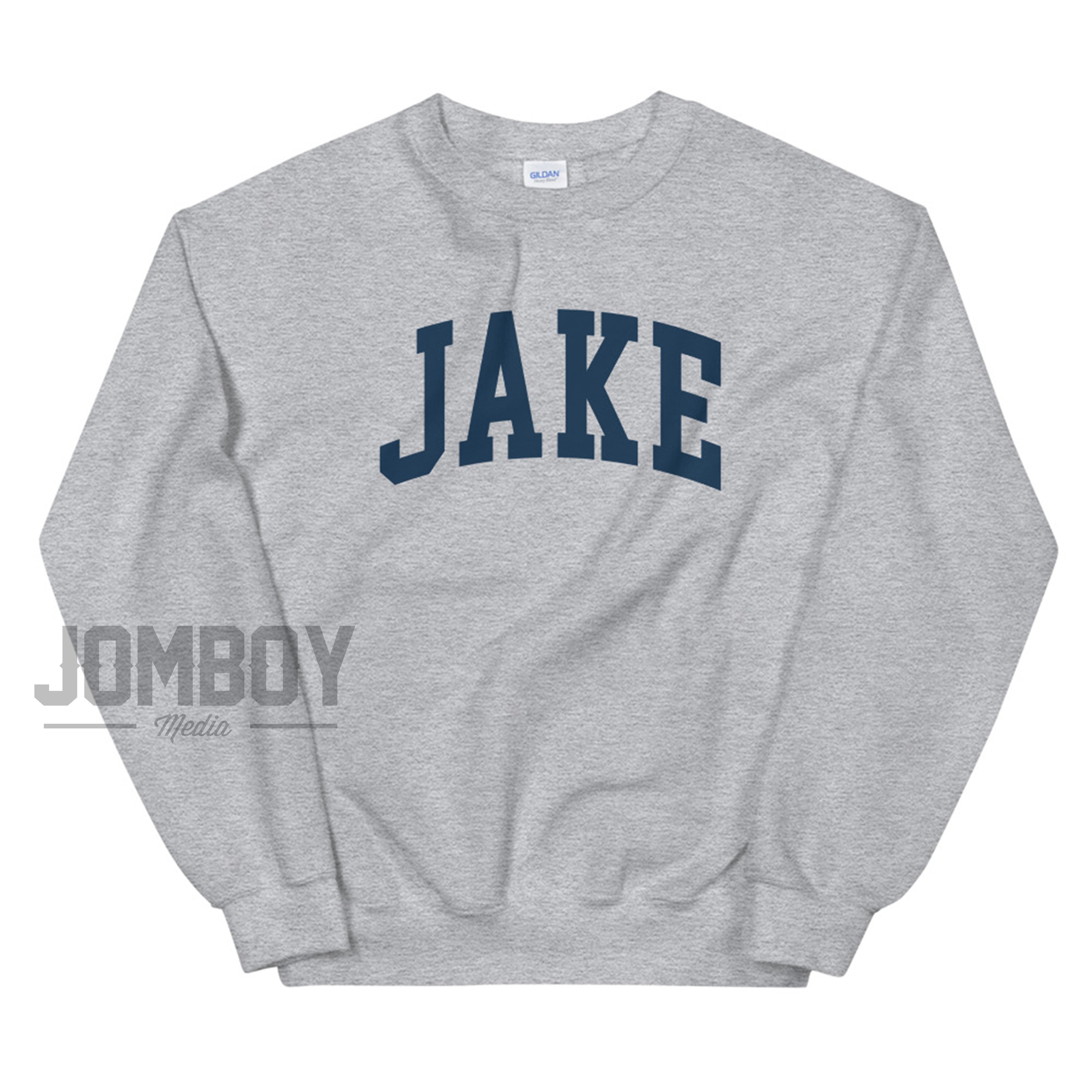 Gray sweatshirt with "JAKE" printed in bold navy blue letters across the chest, featuring a crew neckline and long sleeves.