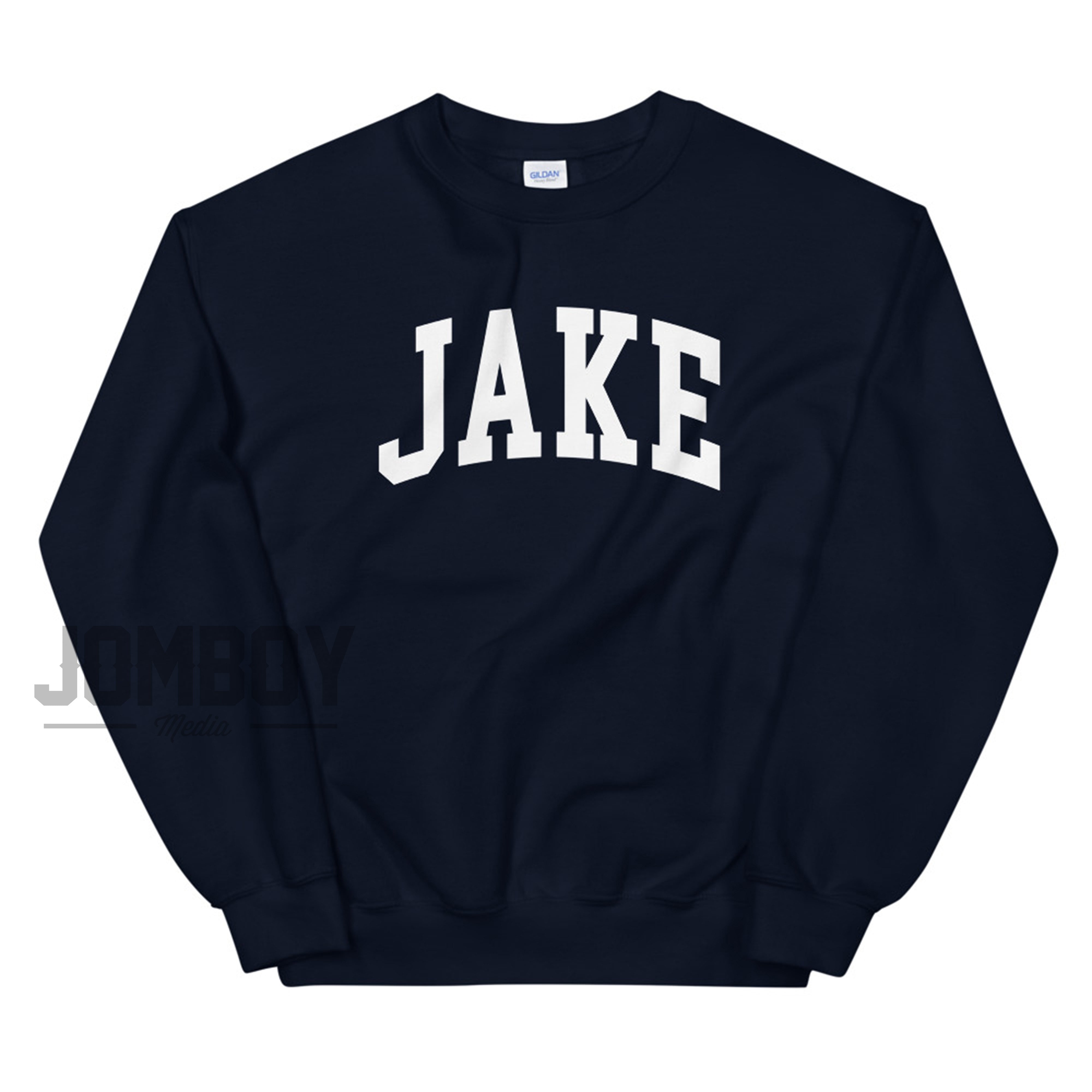 Navy blue sweatshirt with "JAKE" printed in large white letters across the chest, featuring a crew neckline and long sleeves.