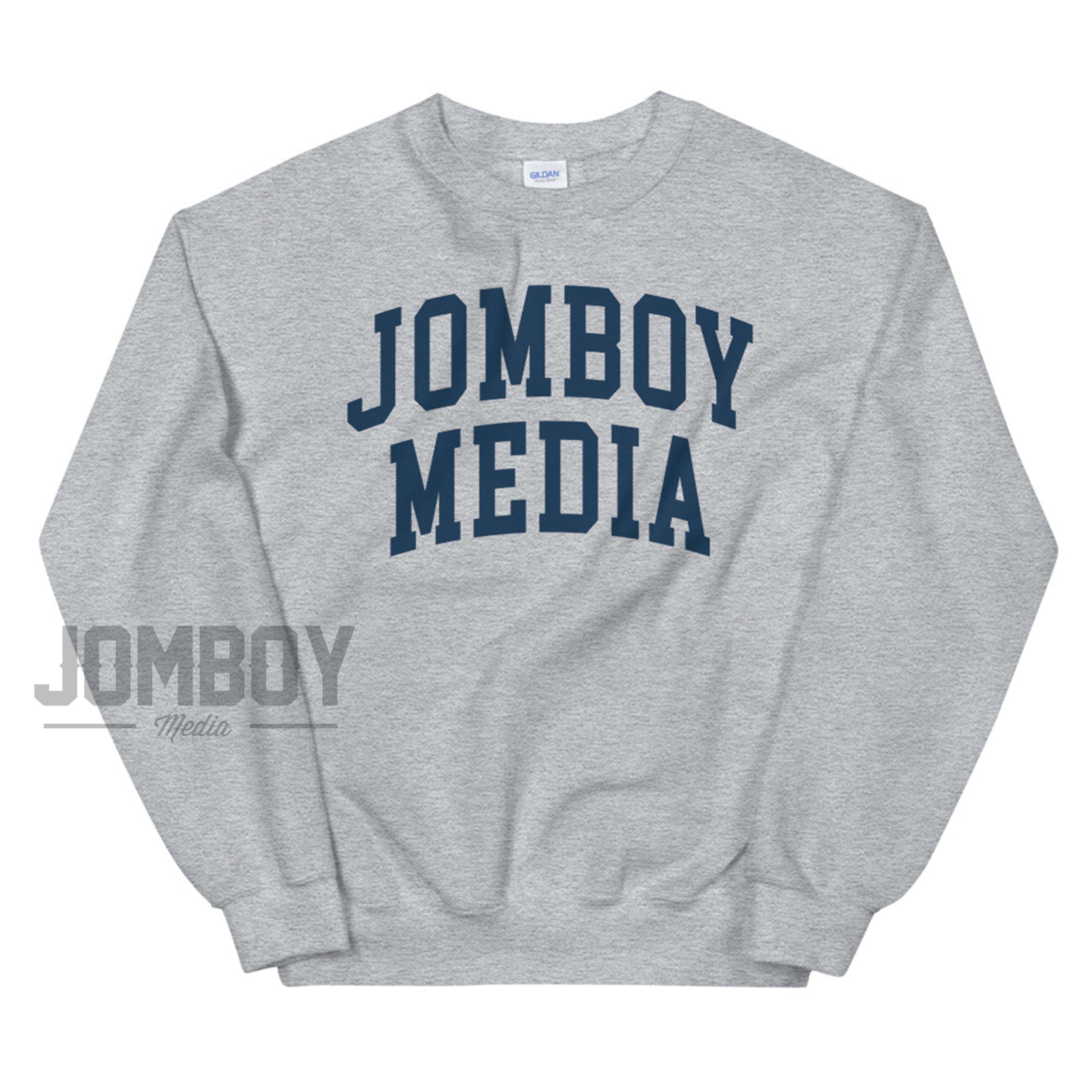 Gray sweatshirt with "JOMBOY MEDIA" printed in bold navy blue letters across the front.