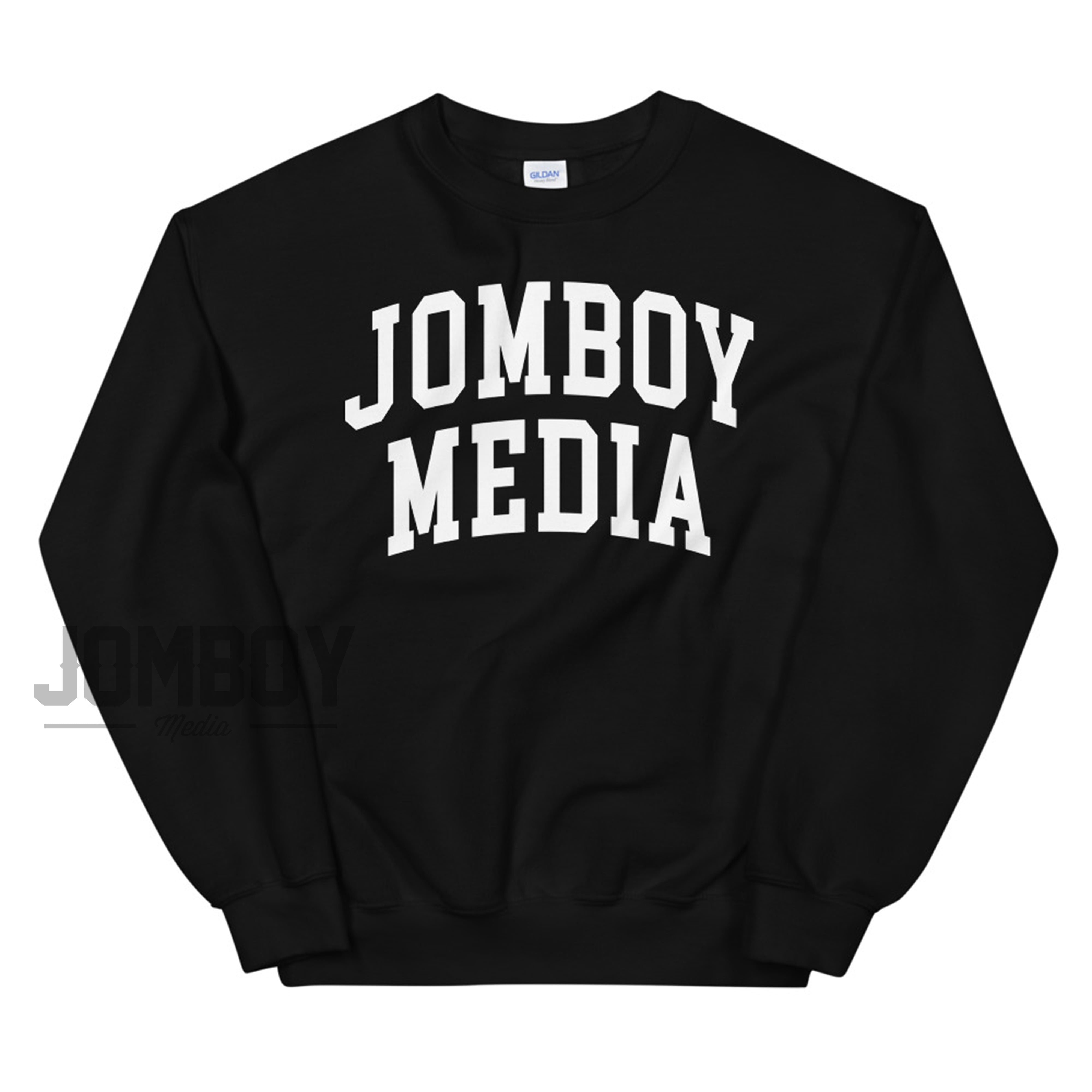 Black sweatshirt with bold white "JOMBOY MEDIA" text printed across the front, featuring a classic crewneck design.