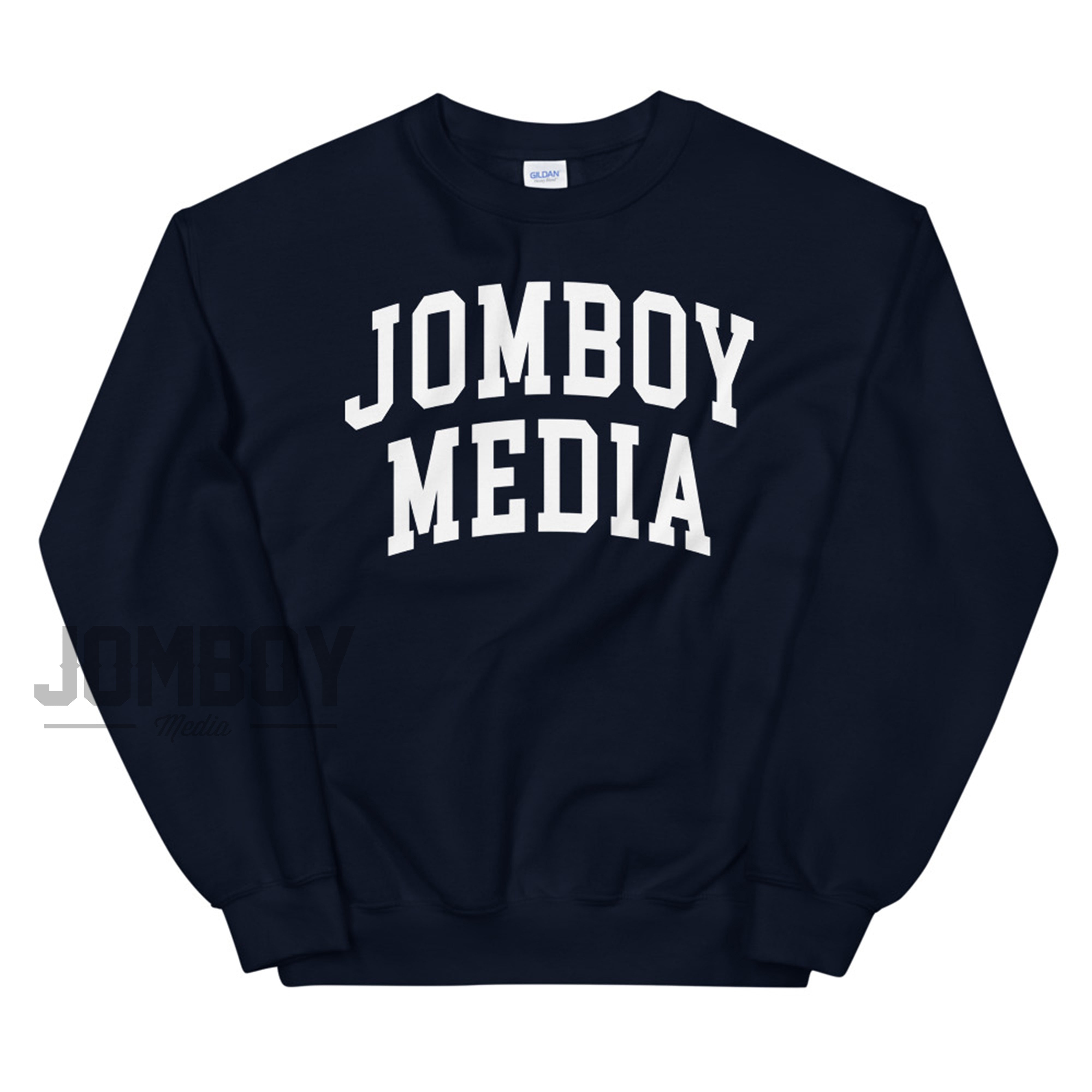 Navy blue sweatshirt with bold white "JOMBOY MEDIA" text printed across the front in a varsity style font.