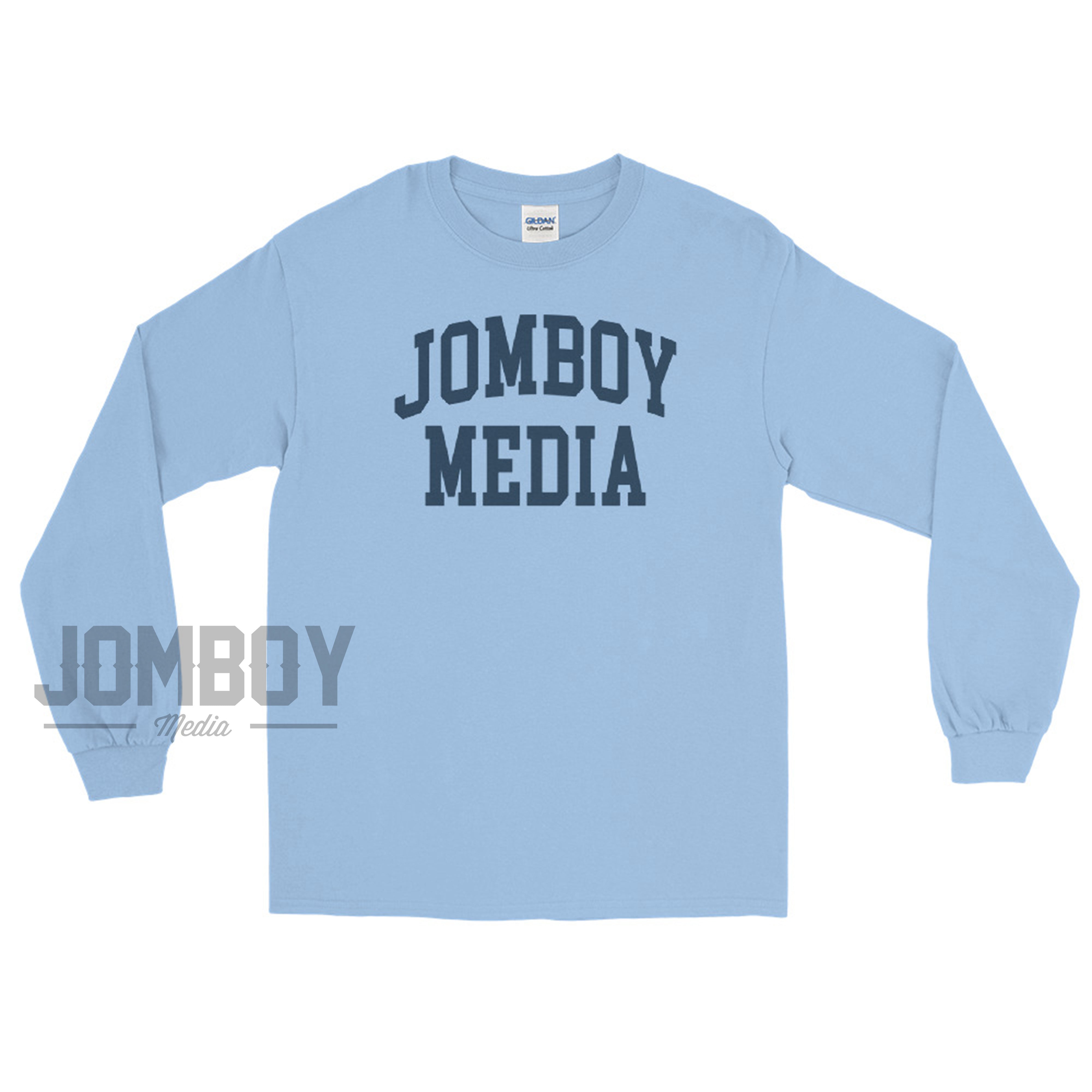 Light blue long sleeve shirt with "JOMBOY MEDIA" printed in bold navy letters on the front.