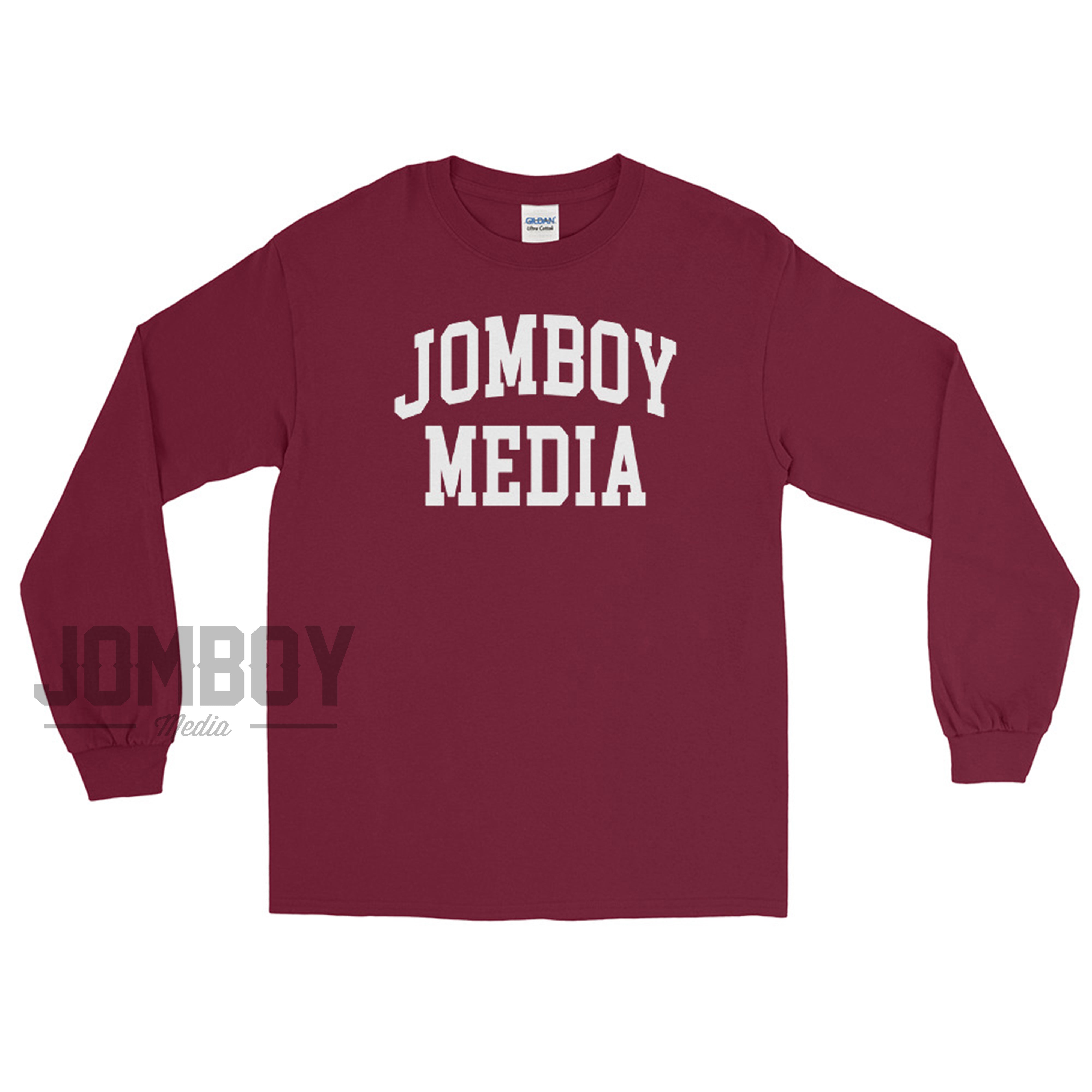 Maroon long sleeve shirt with "JOMBOY MEDIA" printed in bold white letters on the front.