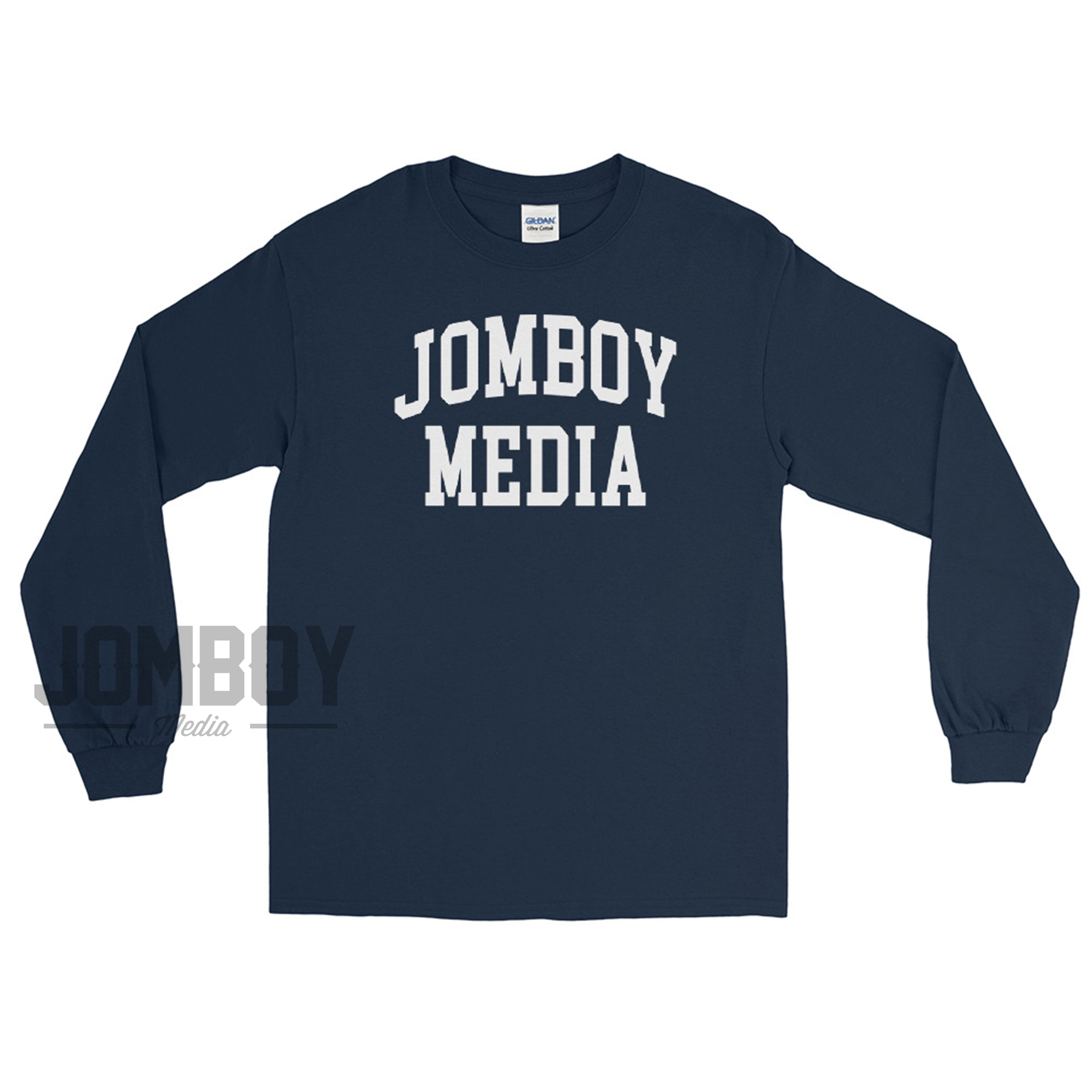 Navy long sleeve shirt with "JOMBOY MEDIA" printed in bold white letters across the front.