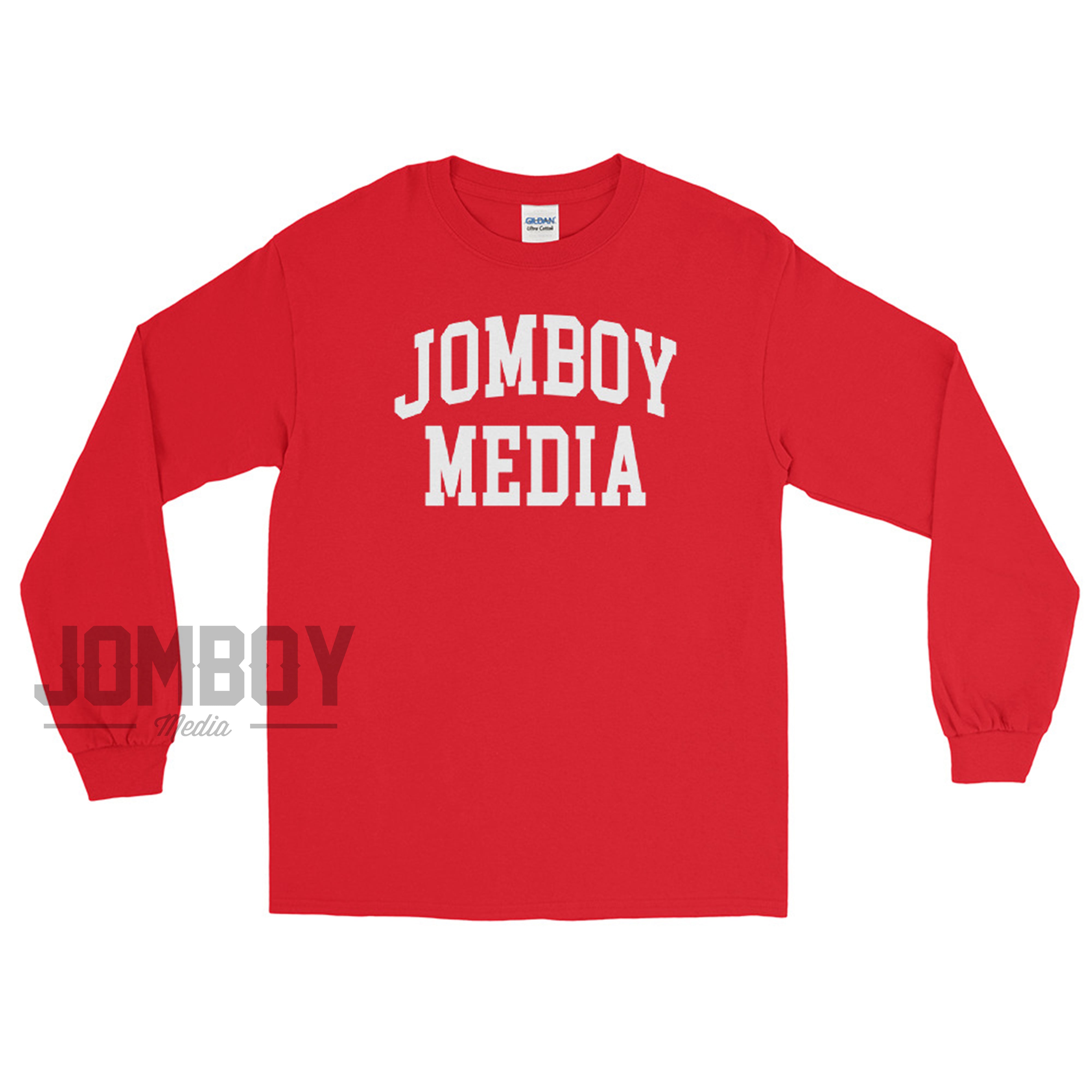 Red long sleeve shirt with "JOMBOY MEDIA" printed in bold white letters on the front.