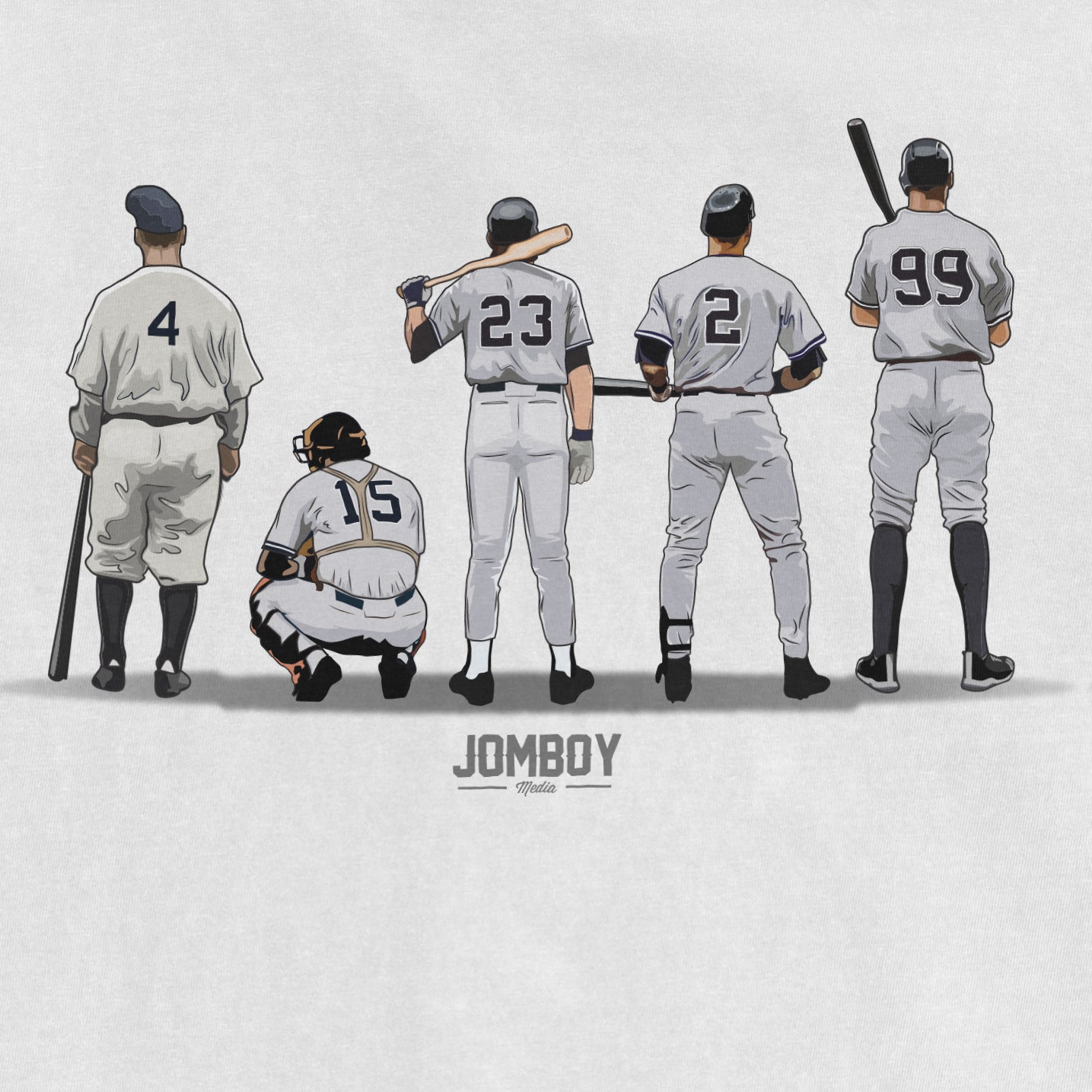 Illustration of five baseball players in vintage uniforms, standing with their backs facing forward, showcasing different team roles.