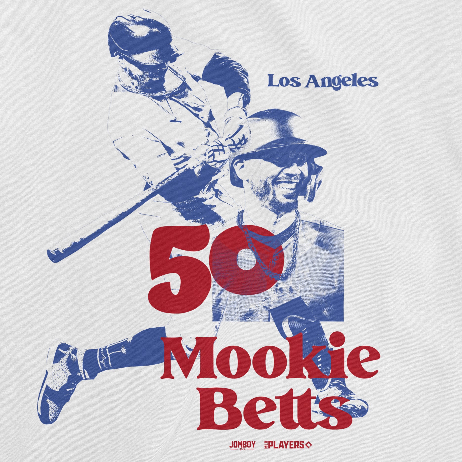 Retro-style LA print featuring Mookie Betts in blue and red, celebrating his 50th birthday with bold text and imagery.