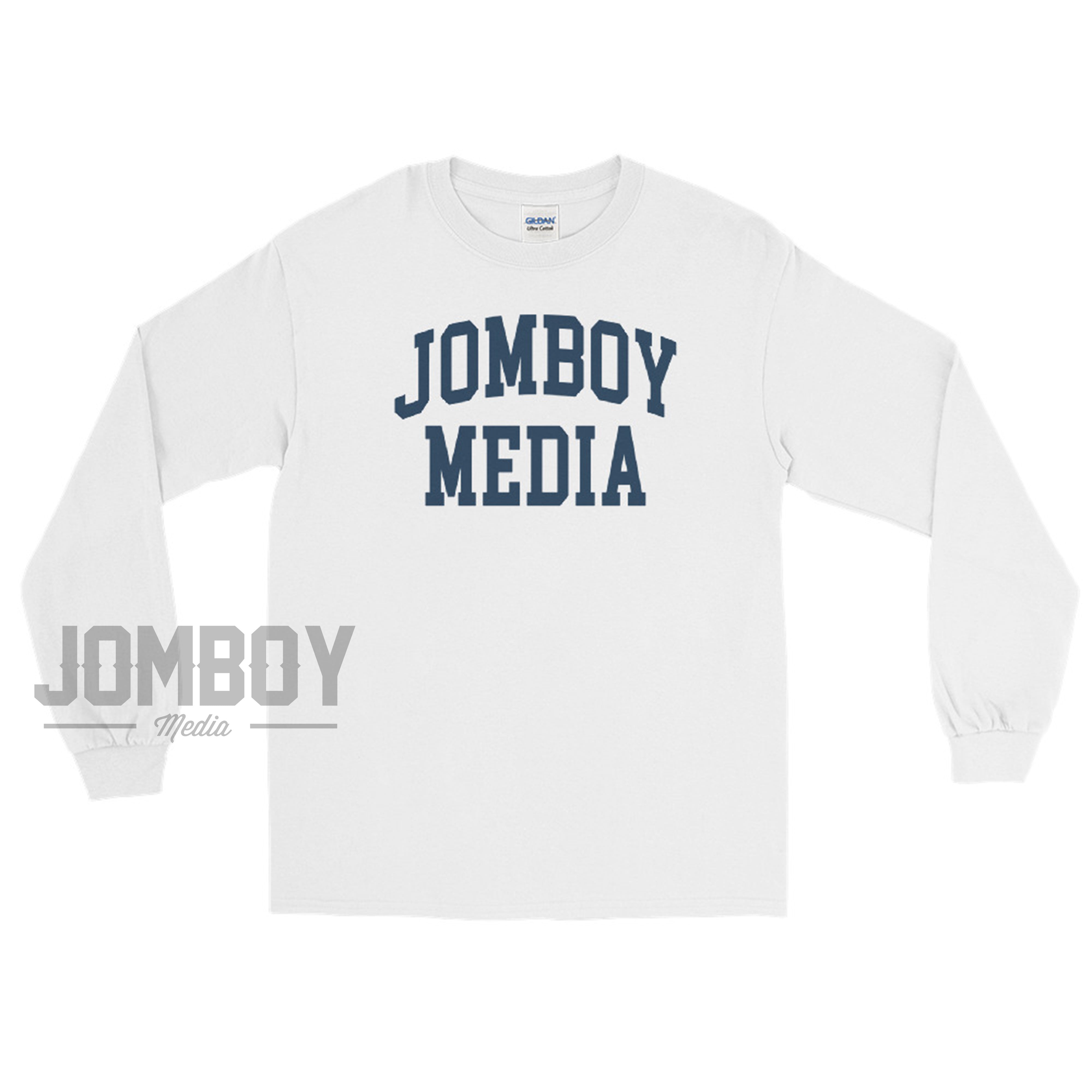 White long sleeve shirt with "JOMBOY MEDIA" printed in bold navy blue letters across the front.