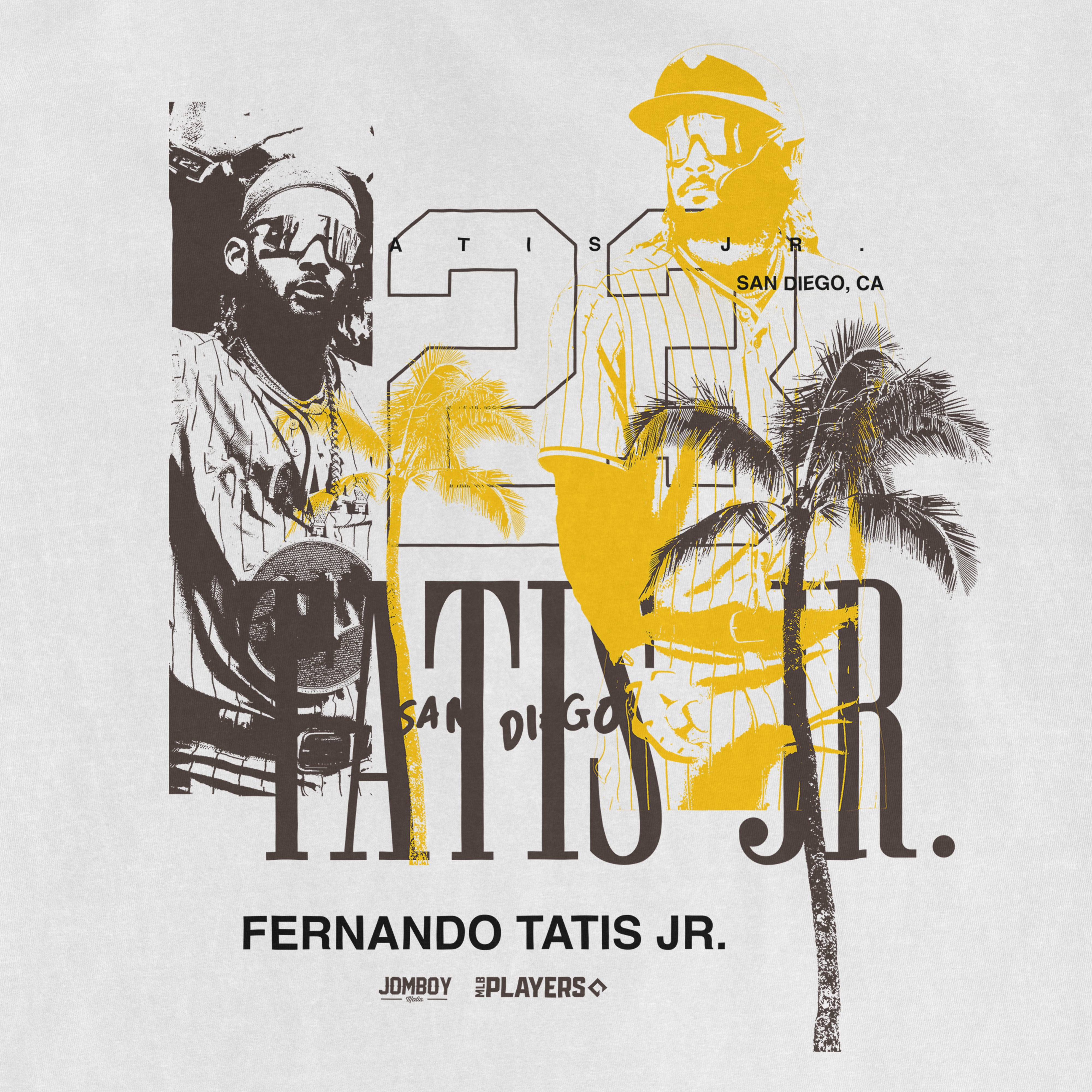 Stylized graphic of Fernando Tatis Jr. wearing sunglasses and a cap, with palm trees, text, and a San Diego, CA location.