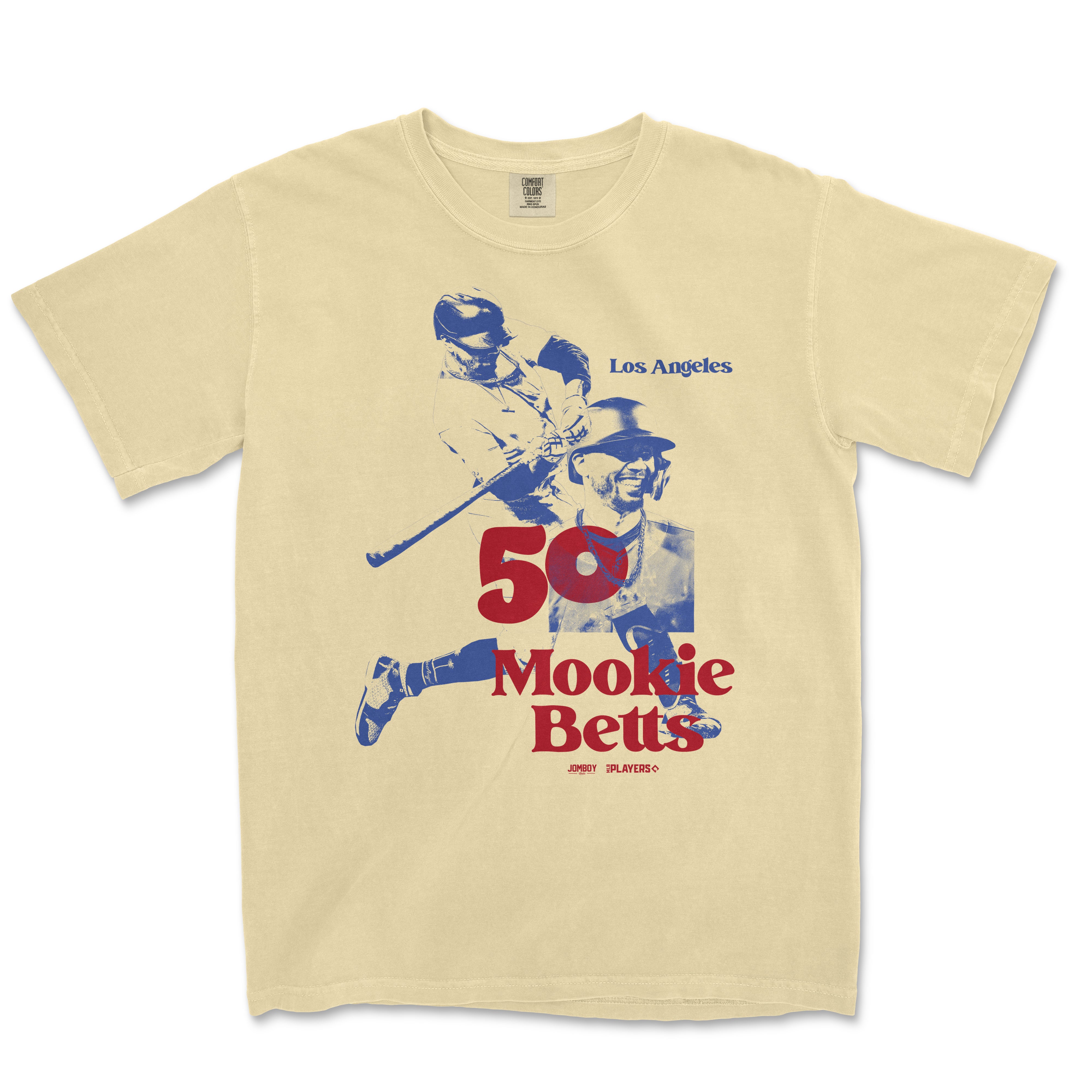Vintage-style beige T-shirt featuring a blue and red graphic of Mookie Betts, celebrating his 50th birthday with "Los Angeles" and "50 Mookie Betts" text.