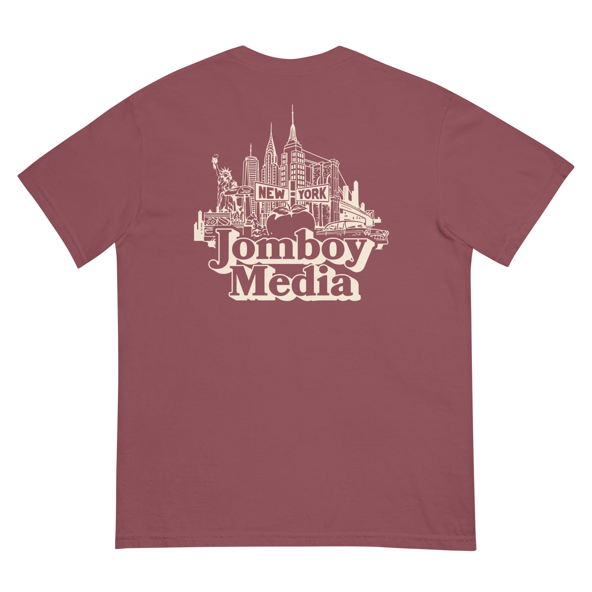 Back of a maroon T-shirt featuring a white line art illustration of New York City skyline with iconic buildings and landmarks.