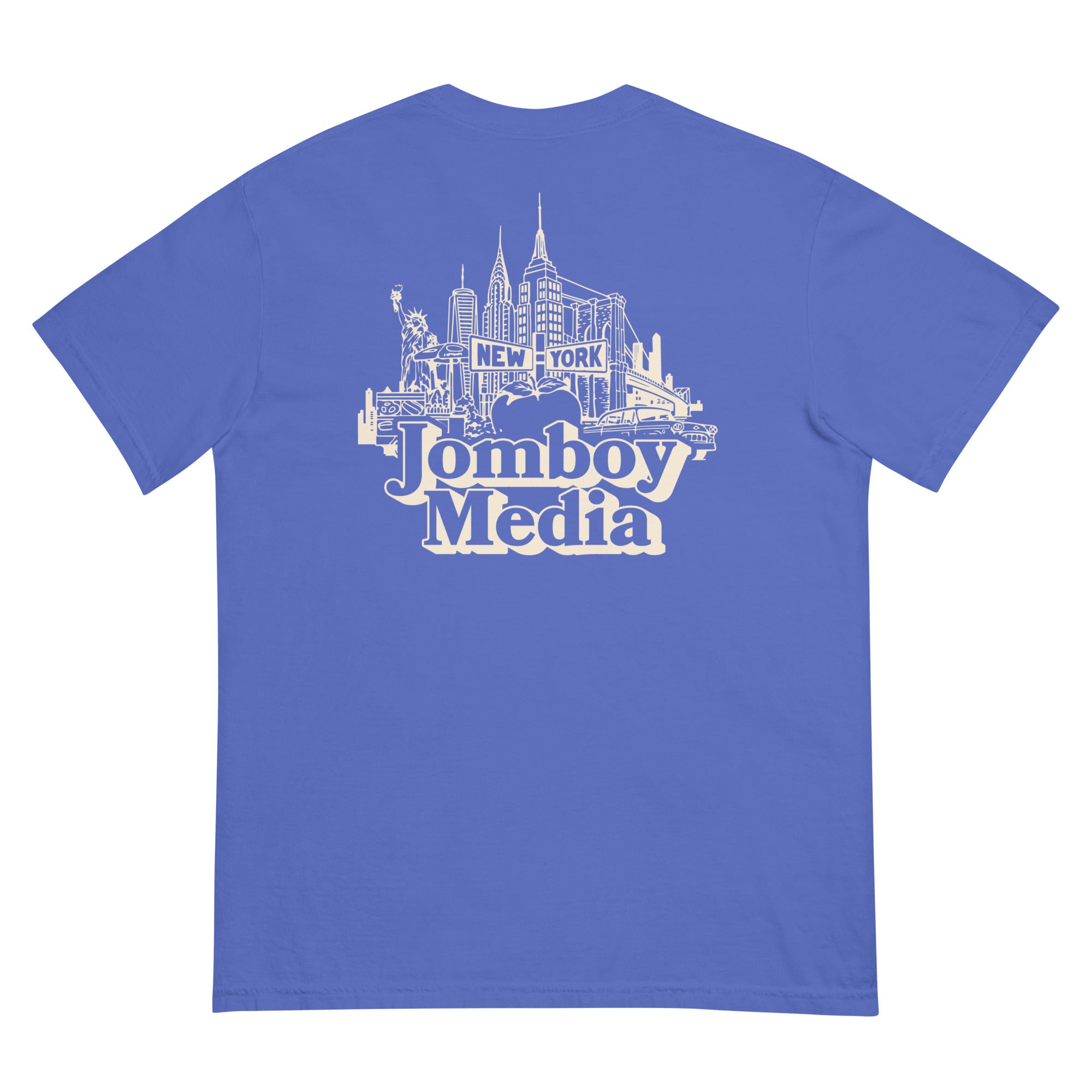 Blue T-shirt featuring a white line art illustration of New York City skyline with "Jomboy Media" text below.
