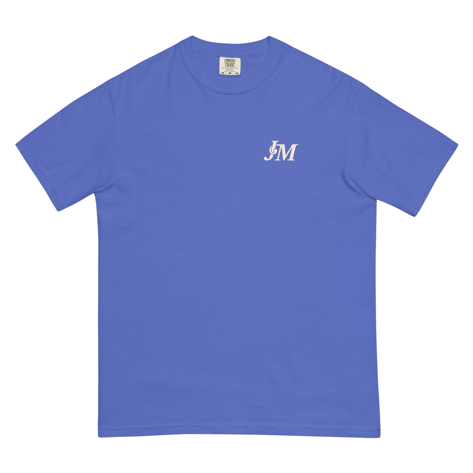 Blue T-shirt featuring a small white "JM" logo on the upper left chest area.