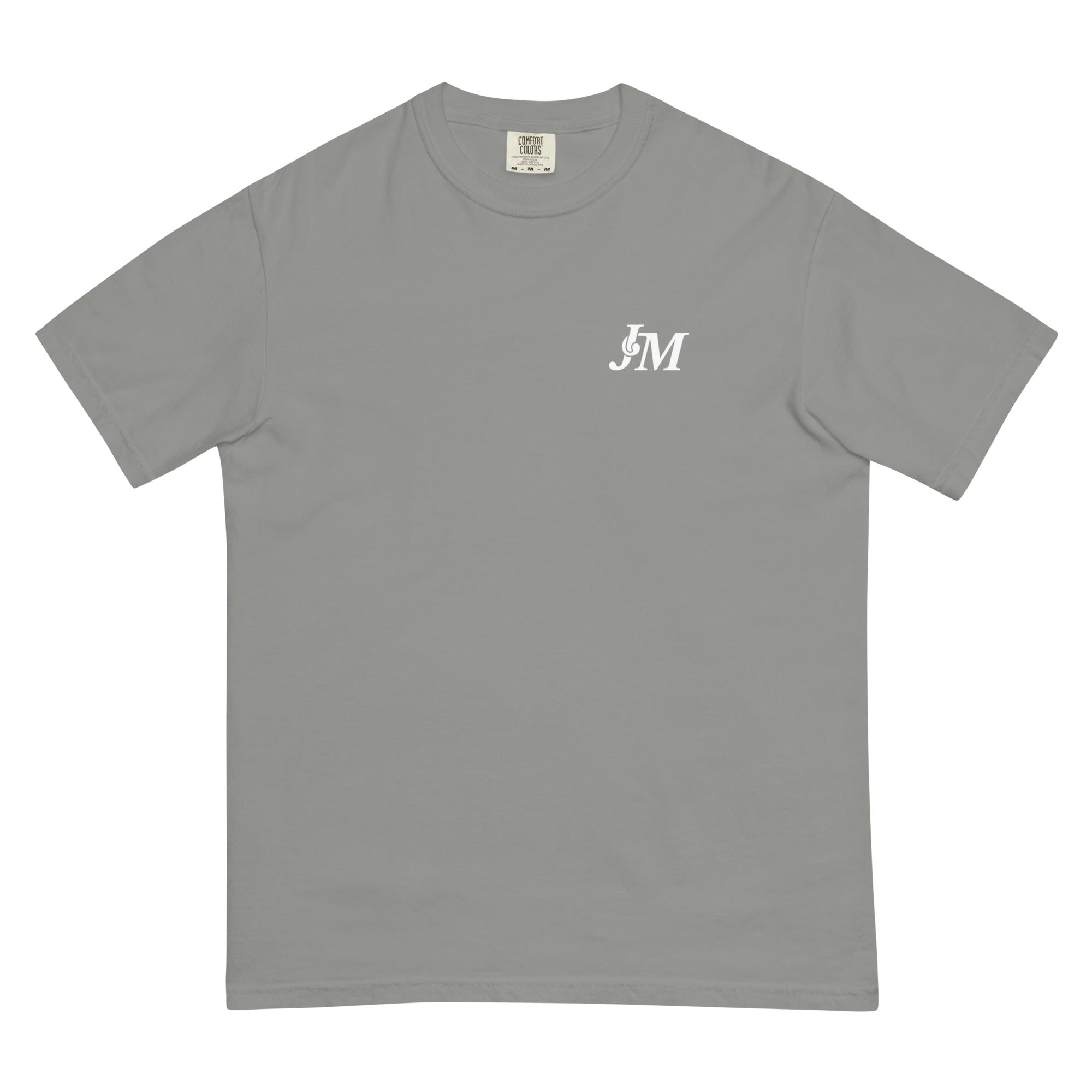Gray T-shirt featuring a small white "JM" monogram logo on the left chest area.