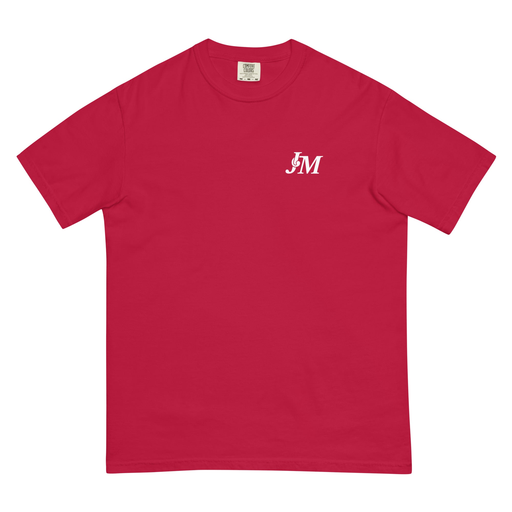 Red T-shirt with "JM" initials in white, positioned on the left chest area, featuring a simple, clean design.