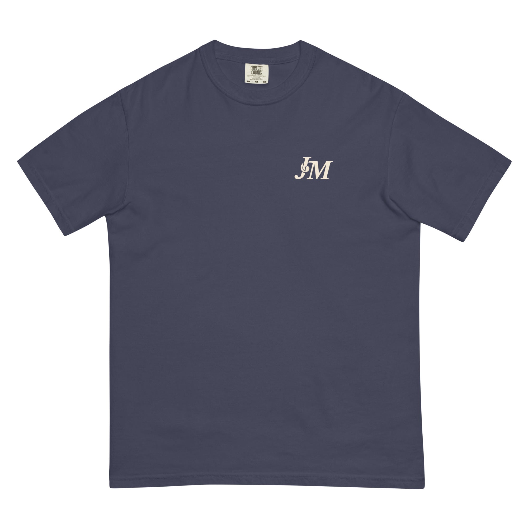 Navy T-shirt featuring a small "JM" monogram logo on the upper left chest area.